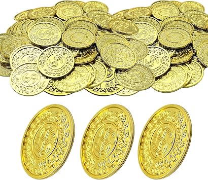 100 PCS Plastic Pirate Gold Coins - Fake St. Patricks Coin Toys for Party Supplies, Treasure Hunts, Classroom Rewards, Kids Prizes & Party Favors