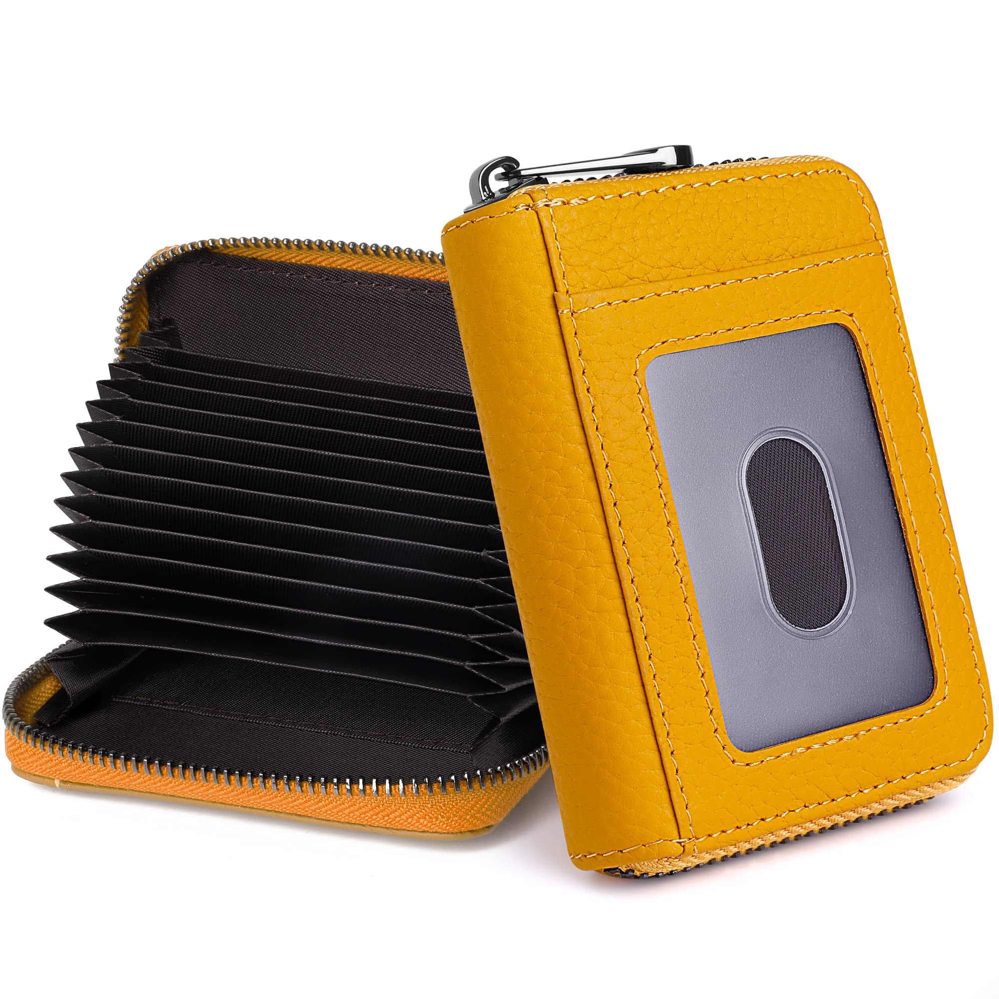 Badiya Genuine Leather Credit Card Holder RFID Blocking Accordion Small Card Case Wallet Zip Coin Purse for Women Men, A-Yellow & ID Window, small