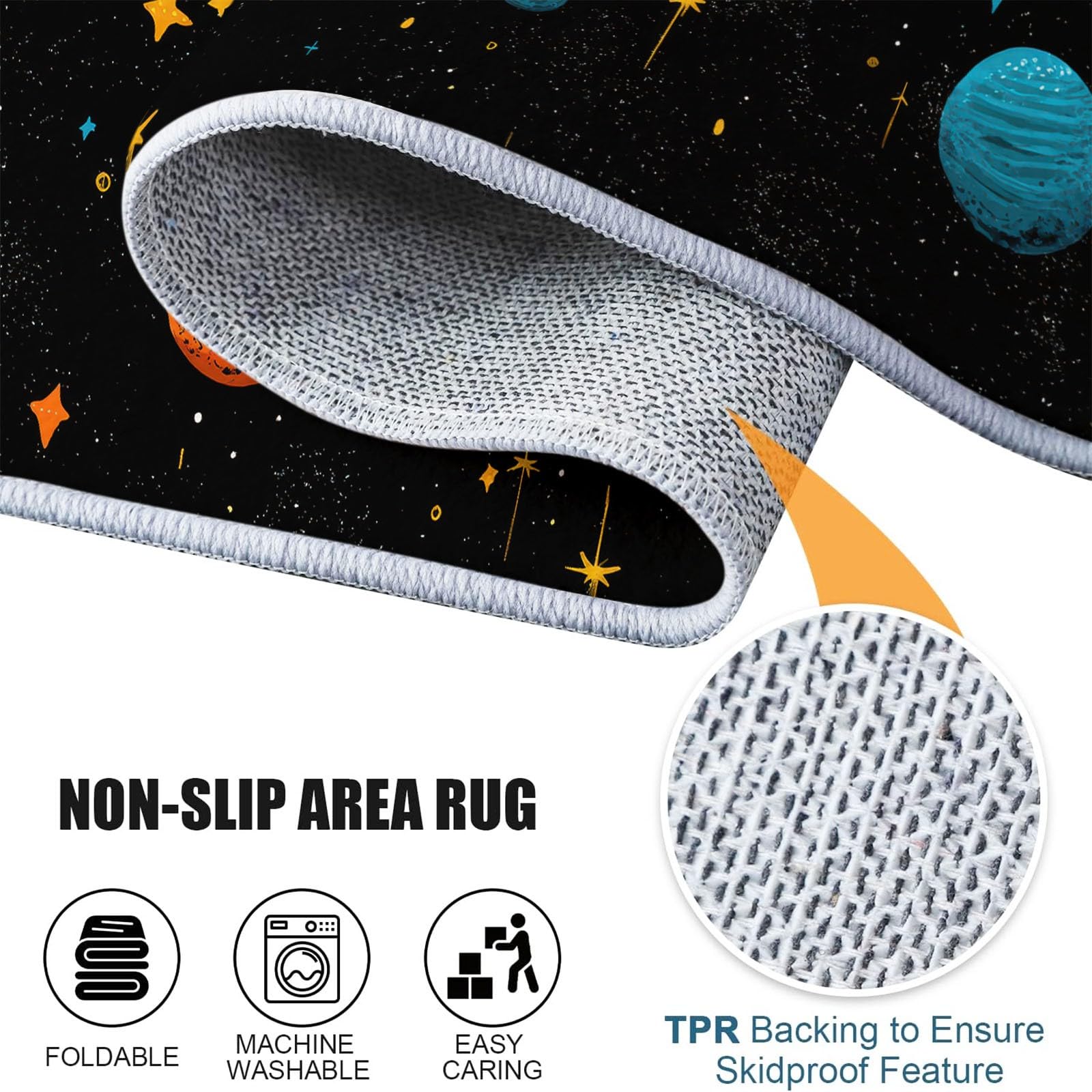 Alfombra lavable a máquina, antideslizante, 120 x 180 cm, alfombra Sci-Fi, lúdica, planetas, suelo de pelo bajo, suave, diseño para habitación infantil, cuarto de baño, habitación de bebé, decoración