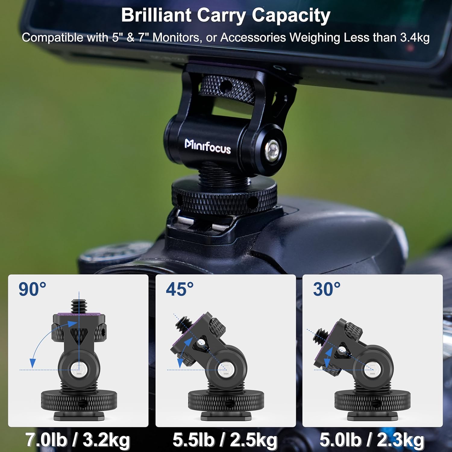 MINIFOCUS Camera Monitor Mount with Cold Shoe, 1/4" Screw for 5" & 7" Field Monitor, Swivel 360° and Tilt 160° Holder for Camera Phone Cage LED Video Light - Image 4