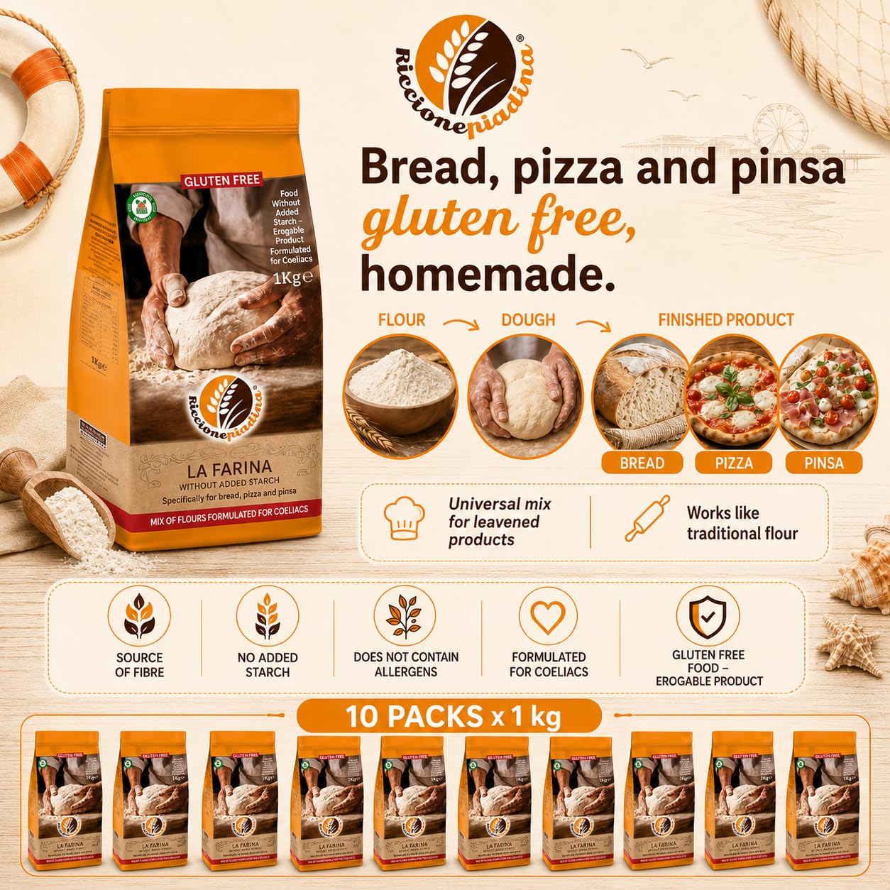 Riccione Piadina Farina Senza Glutine 10 pezzi da 1 kg - Preparato per Pane, Pizza e Pinsa - Mix Universale per Lievitati, Fonte di Fibre, Senza Amido Deglutinato, Formulato per Celiaci
