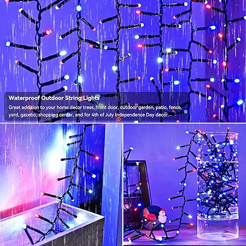 Miniatura 5 de Tira de luces LED rojas, blancas y azules, 400 LED, 19.7 pies, 8 modos, impermeable, para interiores y exteriores, 4 de julio, Día de la