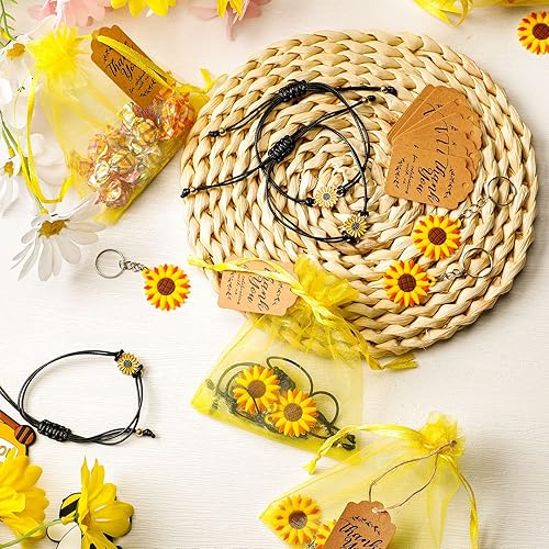 Miniatura 6 de 170 piezas de recuerdos de fiesta de girasol incluye llaveros de girasol pulseras de girasol ajustables etiquetas de papel kraft de agradecimiento