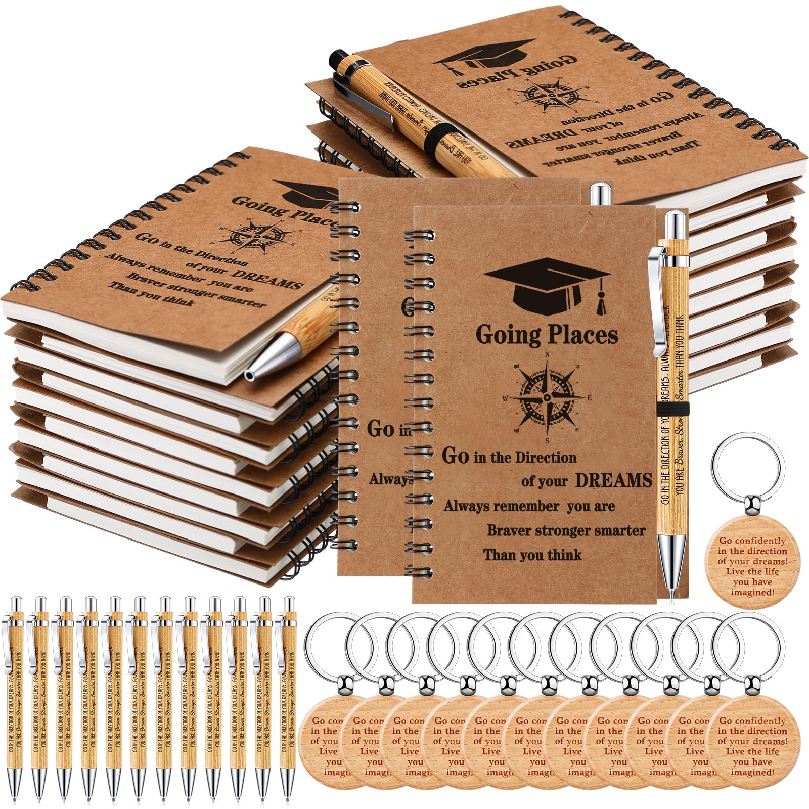 Gueevin 30 Set 2025 Inspirational Graduation Gift Bulk Spiral Kraft Notebooks Bamboo Ballpoint Pens Keychains for College Graduate Teacher Student