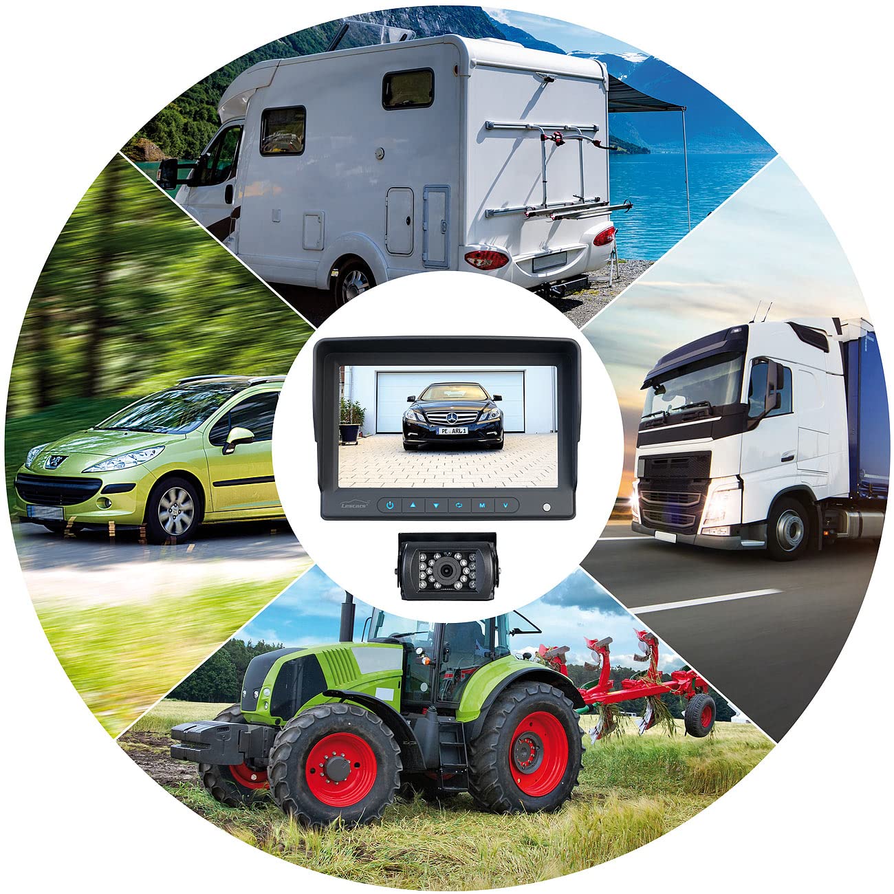 Lescars cámara Marcha atrás para Autocaravana: Conjunto de cámara de Marcha atrás, Pantalla HD a Color de 17,78 cm (7"), Botones táctiles iluminados (Instalar reversa en camión)