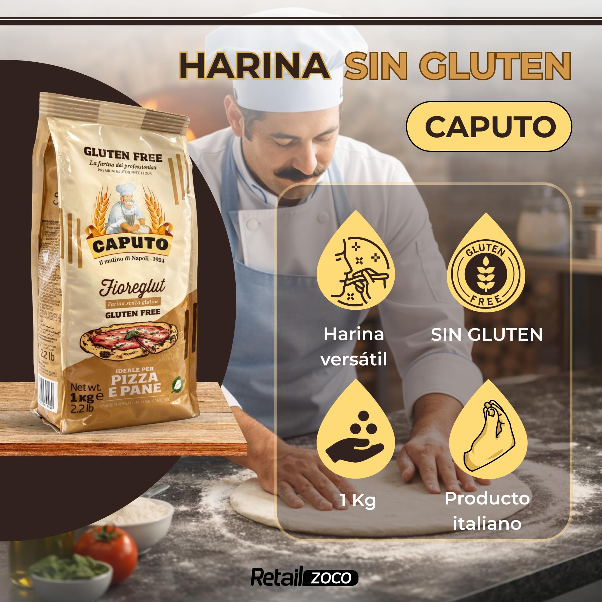 Harina Sin Gluten FioreGlut Caputo, Origen Italiana, ideal para una buena pizza o de un pan aromático, Sin Gluten, Sin Lactosa, Sin Huevos, Proteina 1%, Contiene 1 unidad de 1 Kg