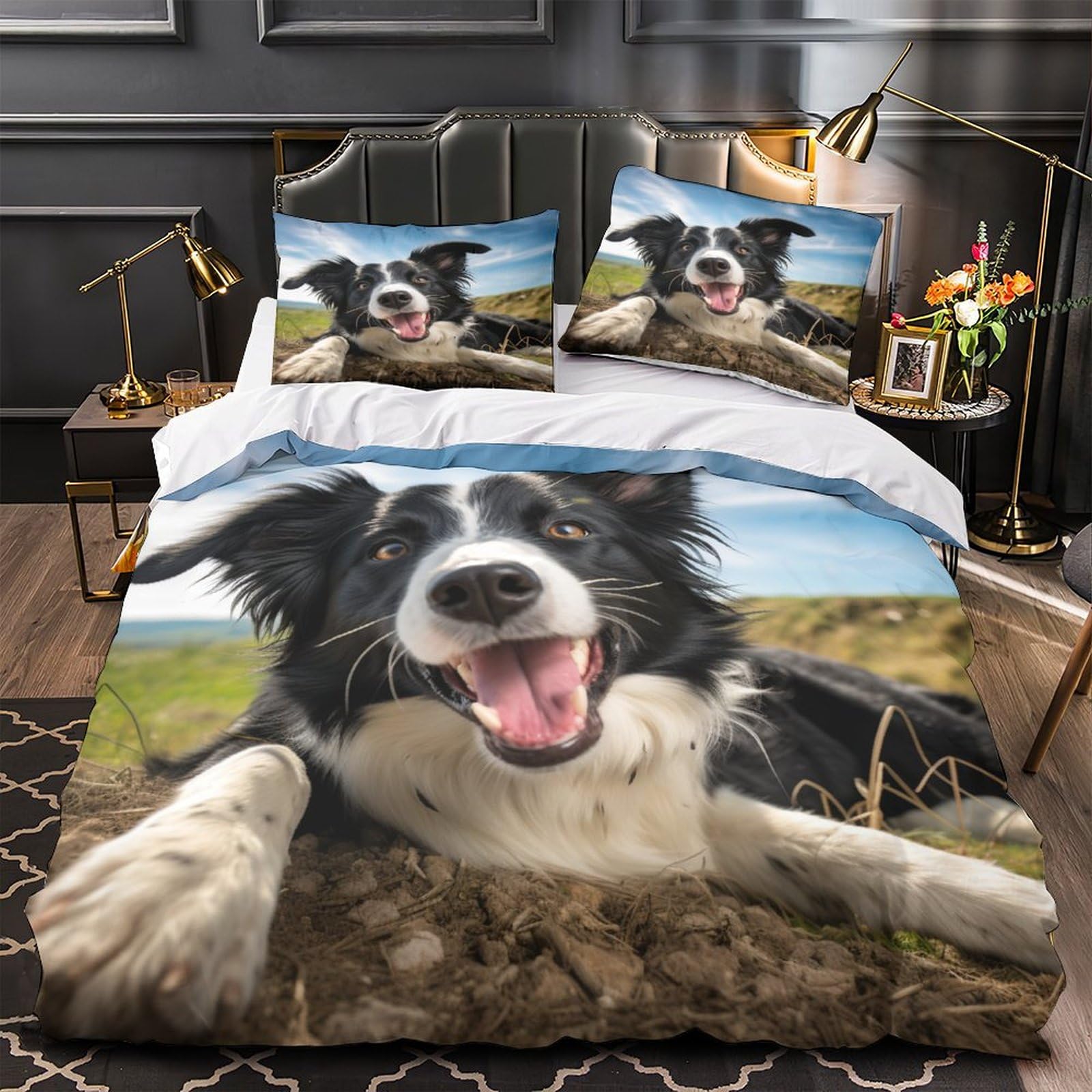 Carino Border Collie Set Copripiumino Con Stampa 3D Stampa Set Di Biancheria Da Letto Con Copriletto in Microfibra Copripiumino Soft Chic 3 Pezzi Per Adulti E Ragazzi Grande（220x240cm）