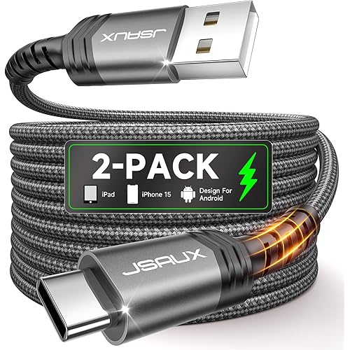 JSAUX USB C Cable [2-Pack 6.6ft], USB A to USB Cord 3.1A Fast Charging Compatible with iPhone 16/16 Plus/16 Pro/16 Pro Max/iPhone 16e/iPhone 15 Series, Samsung S20 S10 S9, Note 20 10, Car Play - Grey