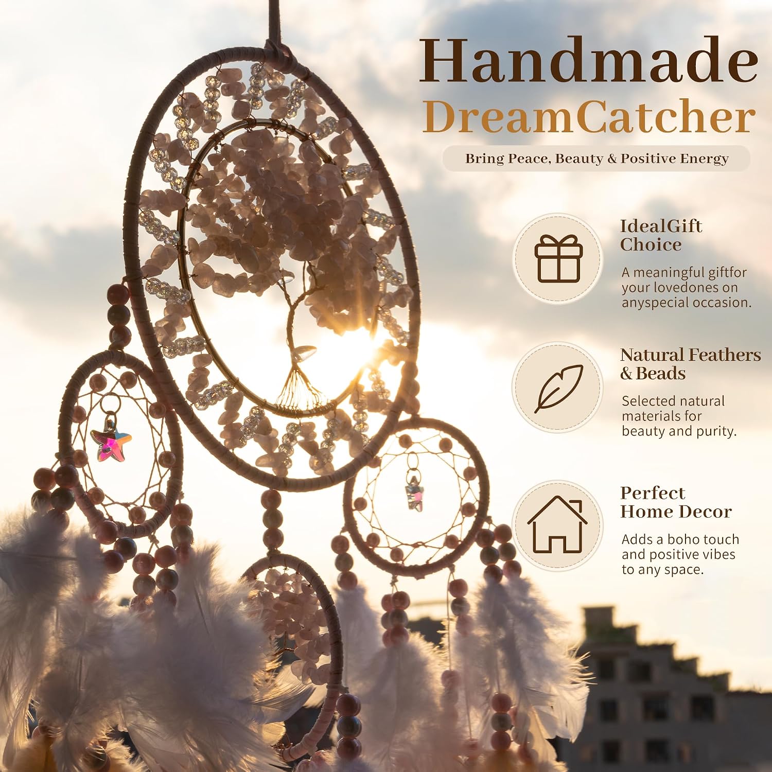 Pink Dream Catcher Tree of Life Handmade with Natural Stone & Feathers, Boho Wall Hanging Decor with Beads, Dream Catchers for Girls Women Bedroom Nursery Living Room Gift