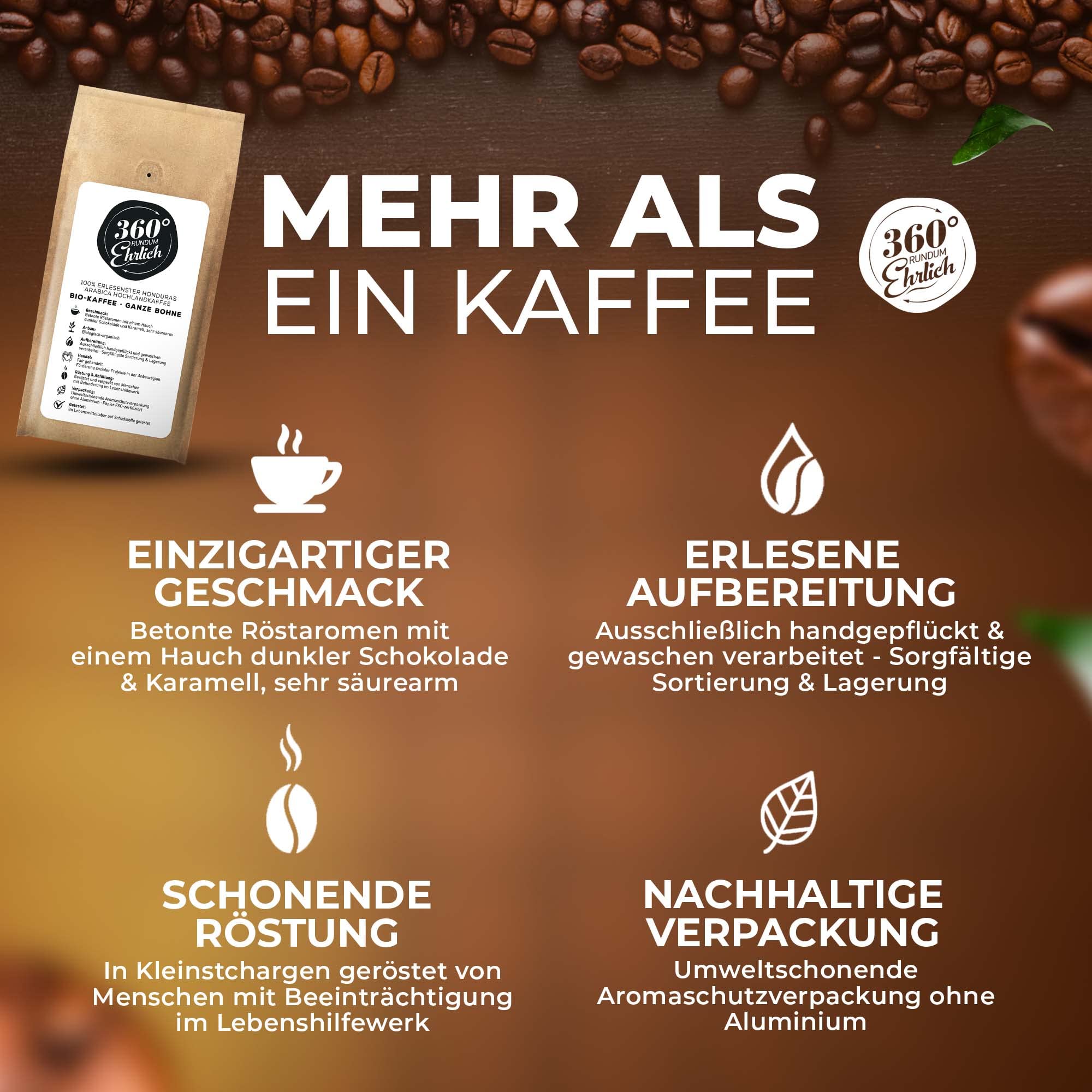 360° rundum ehrlich kawa premium, 100% płaskowyż z Hondurasu, całe ziarna Arabica, ekologiczna uprawa, fair-trade, idealna do kawy Bulletproof Coffee 250g