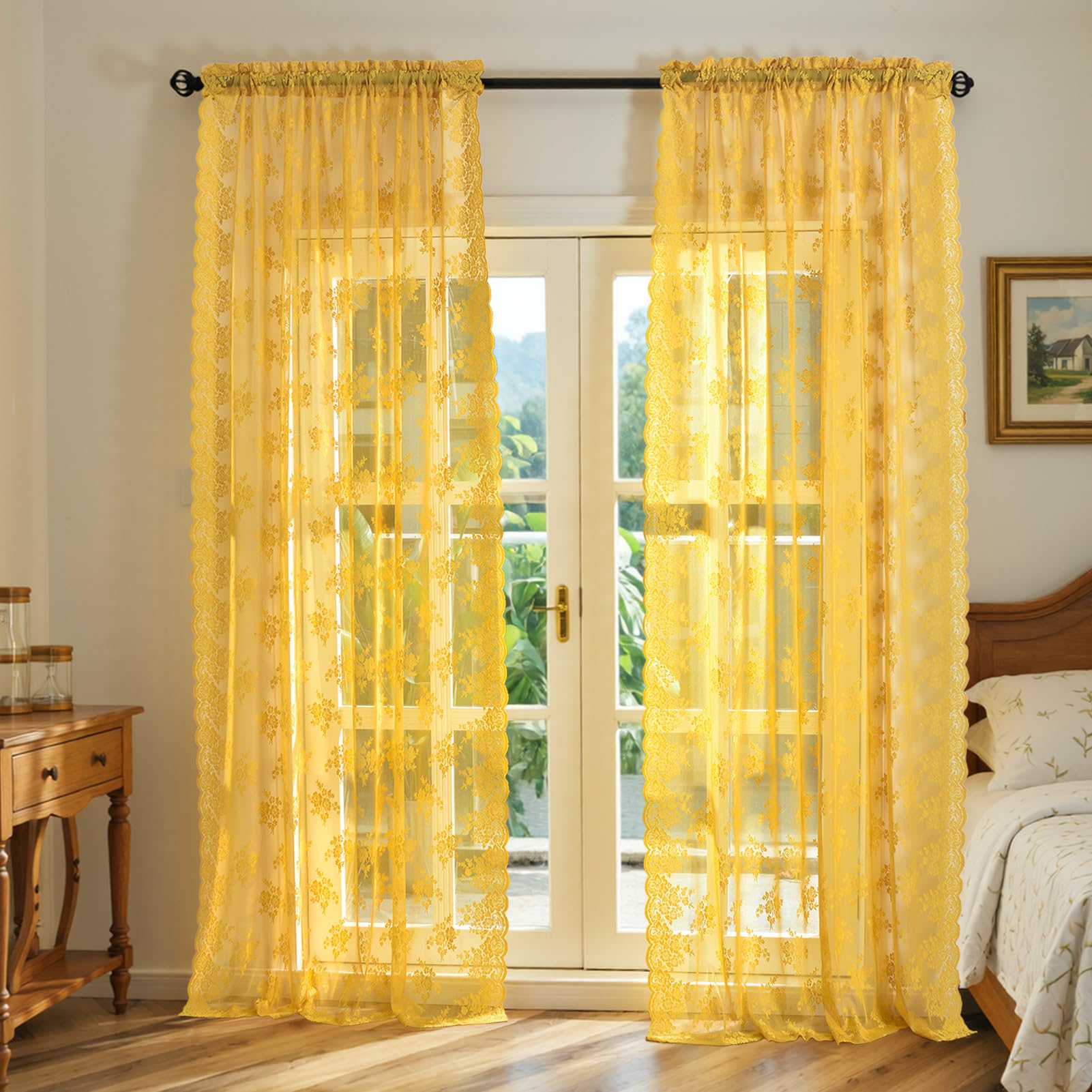Kotile Mustard Yellow Sheer Curtains 63 Inch Length 2 Panels Set, Country Rustic Floral Retro Gold Lace Curtains for Bedroom, Rod Pocket