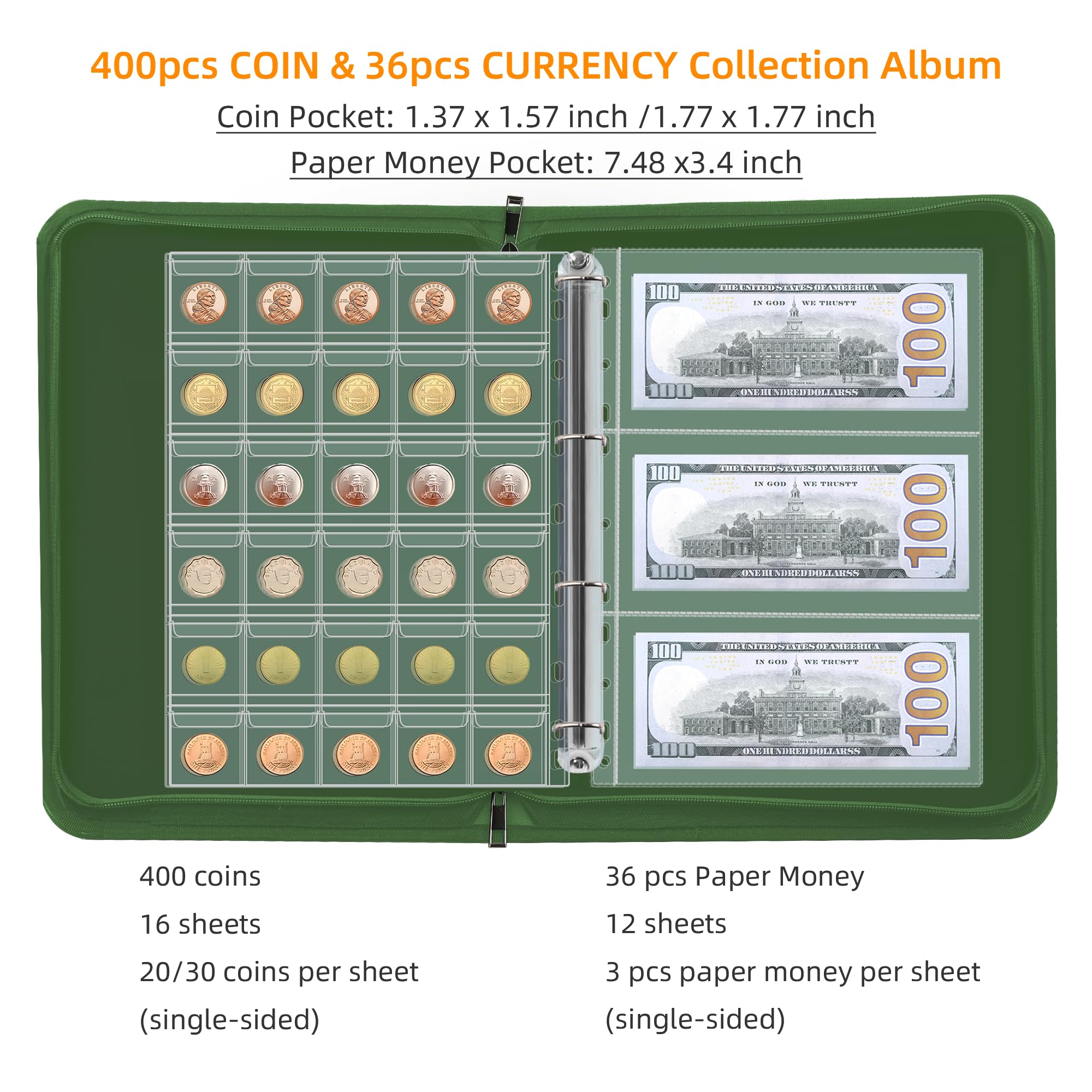 Soporte para álbum de colección de monedas para coleccionistas, libro de colección de monedas ignífugo de 400 bolsillos y 36 carpetas organizadoras de dinero de papel para suministros de colección de