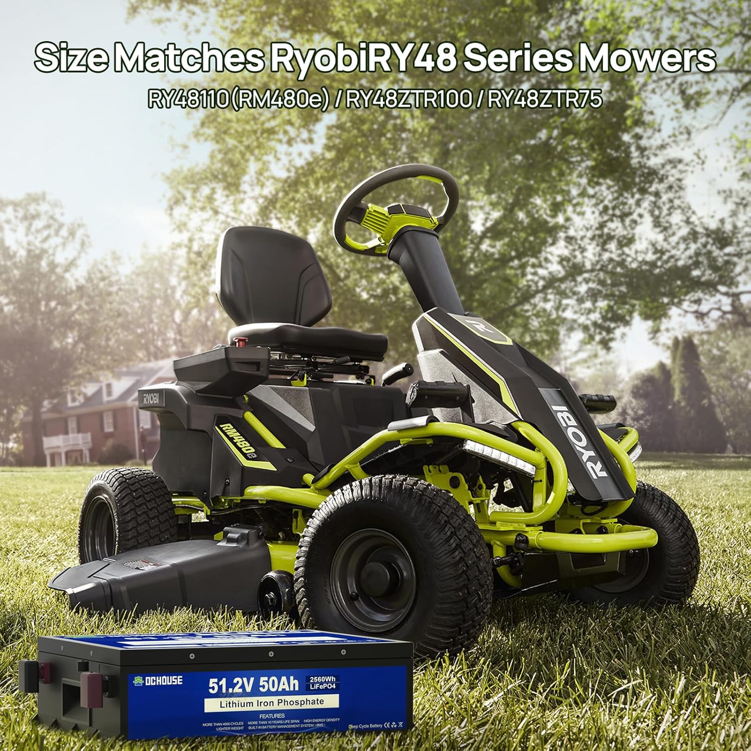 DC HOUSE 48V 50Ah LiFePO4 battery placed in front of a Ryobi electric riding mower, indicating size compatibility.