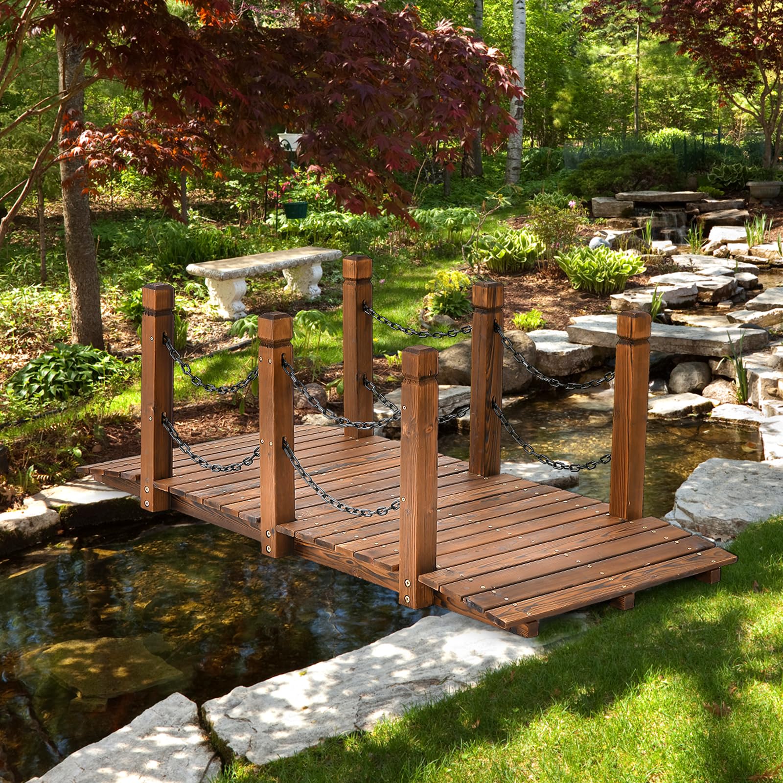 COSTWAY Ponte da Giardino in Legno, Ponte Decorativo con Finitura Tinta e Catena di Sicurezza, Ponte ad Arco in Legno per Giardino, Patio, Cortile e Fattoria, Carico 80 kg