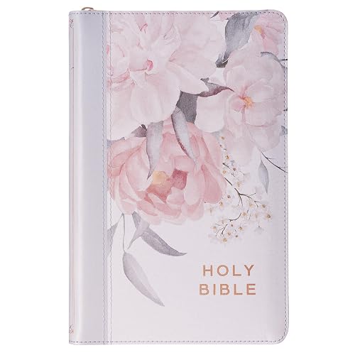 KJV Holy Bible, Deluxe Gift Bible with Thumb Tabs, Ribbon Marker, King James Version, Faux Leather, Frosty Gray and Pink Floral, Zipper Closure (KJV Deluxe Gift Editions)