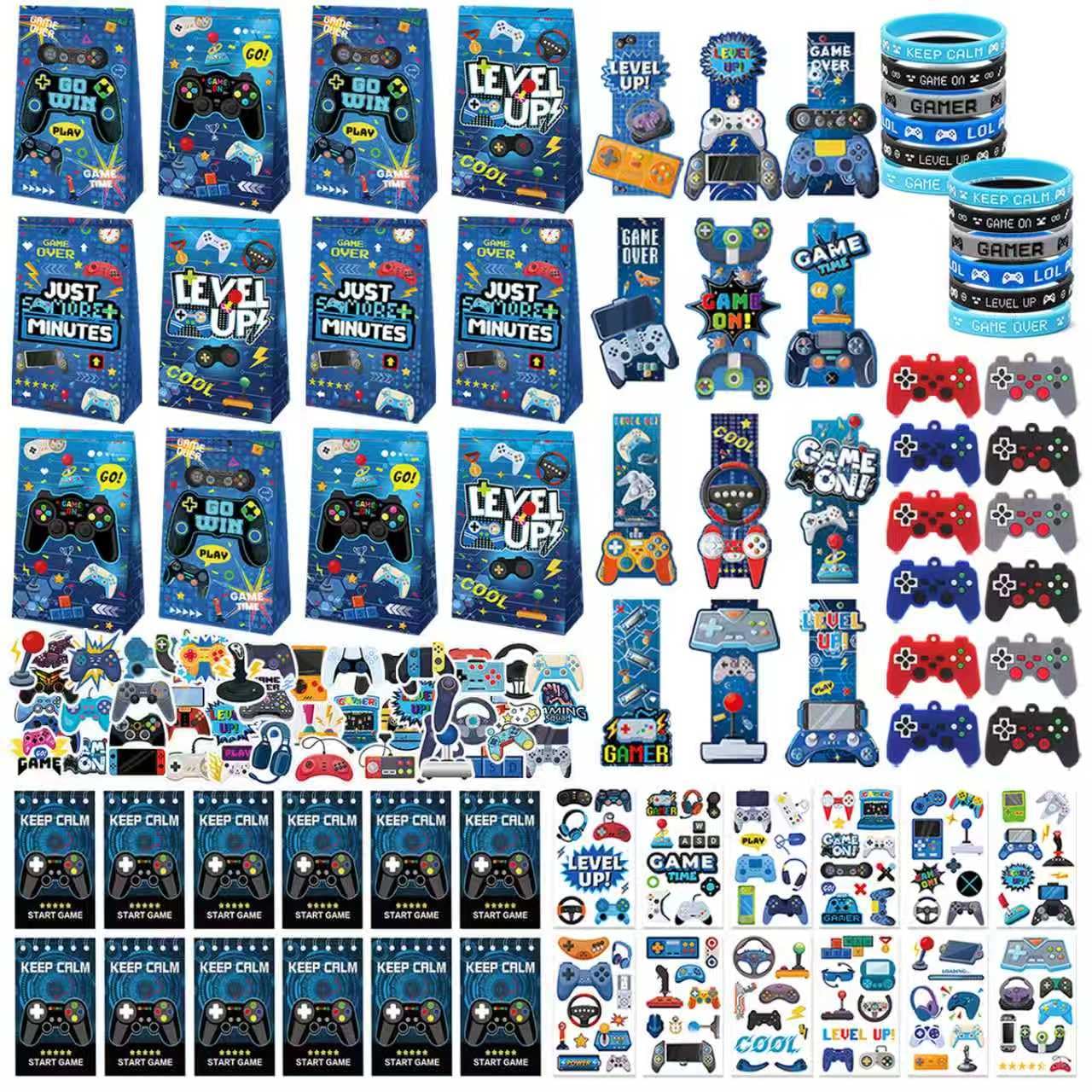 134PCS Video Game Party Favors Decoration, Gaming Party Gift Bags, Game Notebbooks, Bracelets, Bookmarks, Stickers, Keychains and Tattoo Stickers for Video Games Birthday Party Game Party Supplies