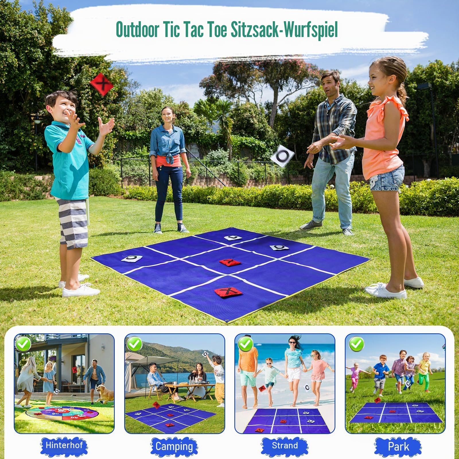 CWLAKON Outdoor Riesen Tic Tac Toe & Beanbag-Wurfspiel für Kinder und Erwachsene, Großes beidseitig bespielbares Garten- und Strandspiel