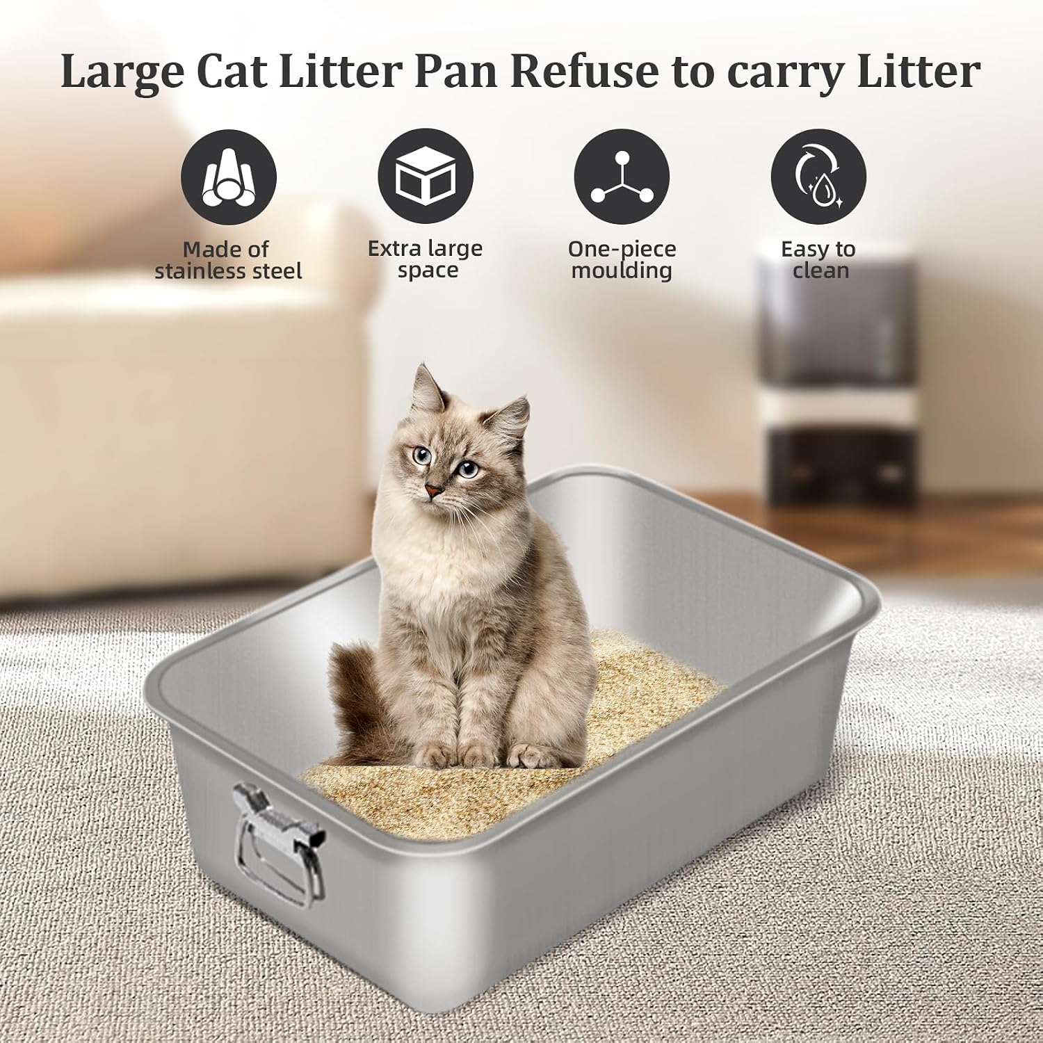 Large Stainless Steel Cat Litter Box, Metal Cat Litter Box, High Sided Litter Box, Easy to Clean, Odourless Suitable for Most Cats, 23.8(L) x15.9(W) x7.9 (H) Inches