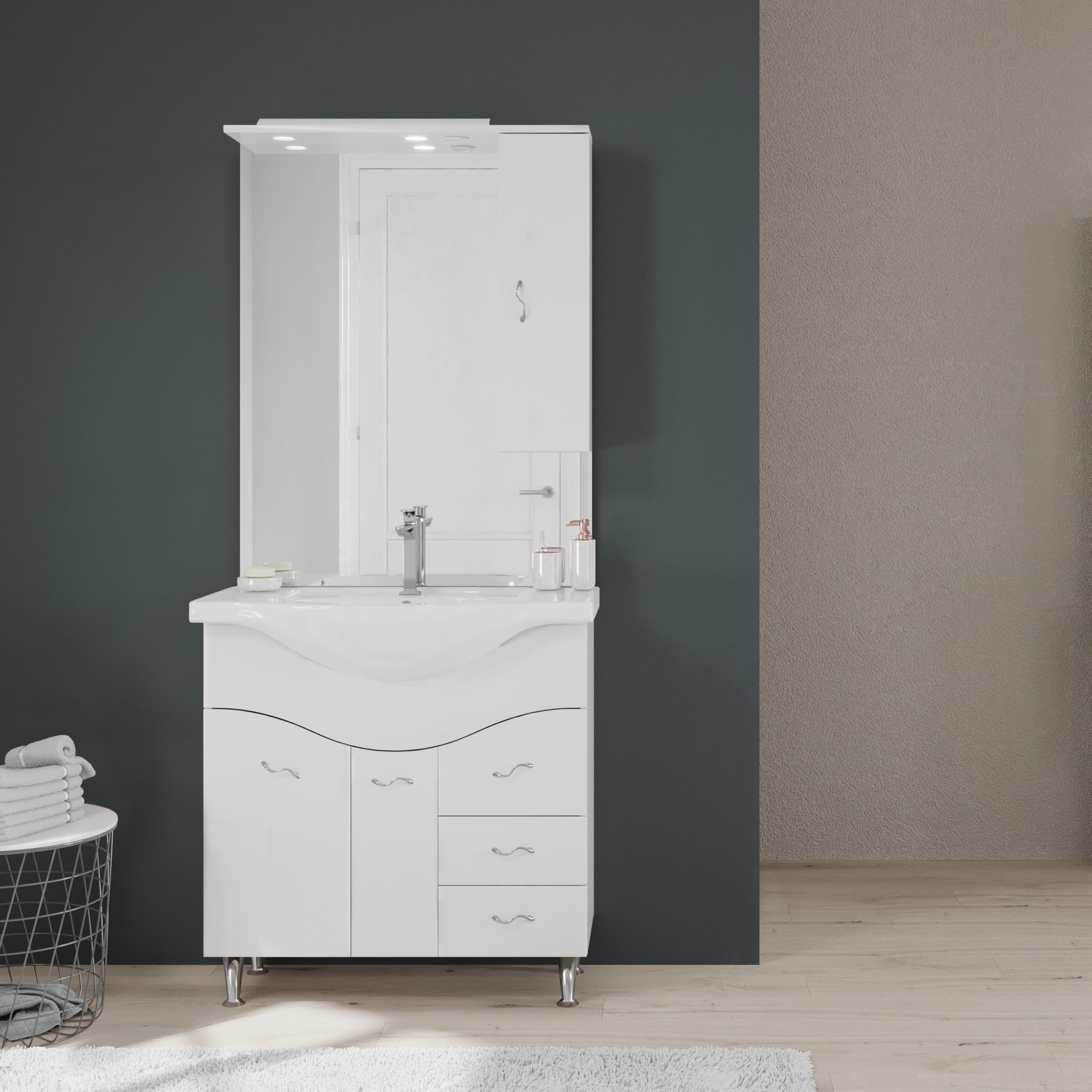 Kiamami Valentina - Mueble de baño de 85 cm en el Suelo con Lavabo, Espejo y Armario Colgante en Color Blanco.