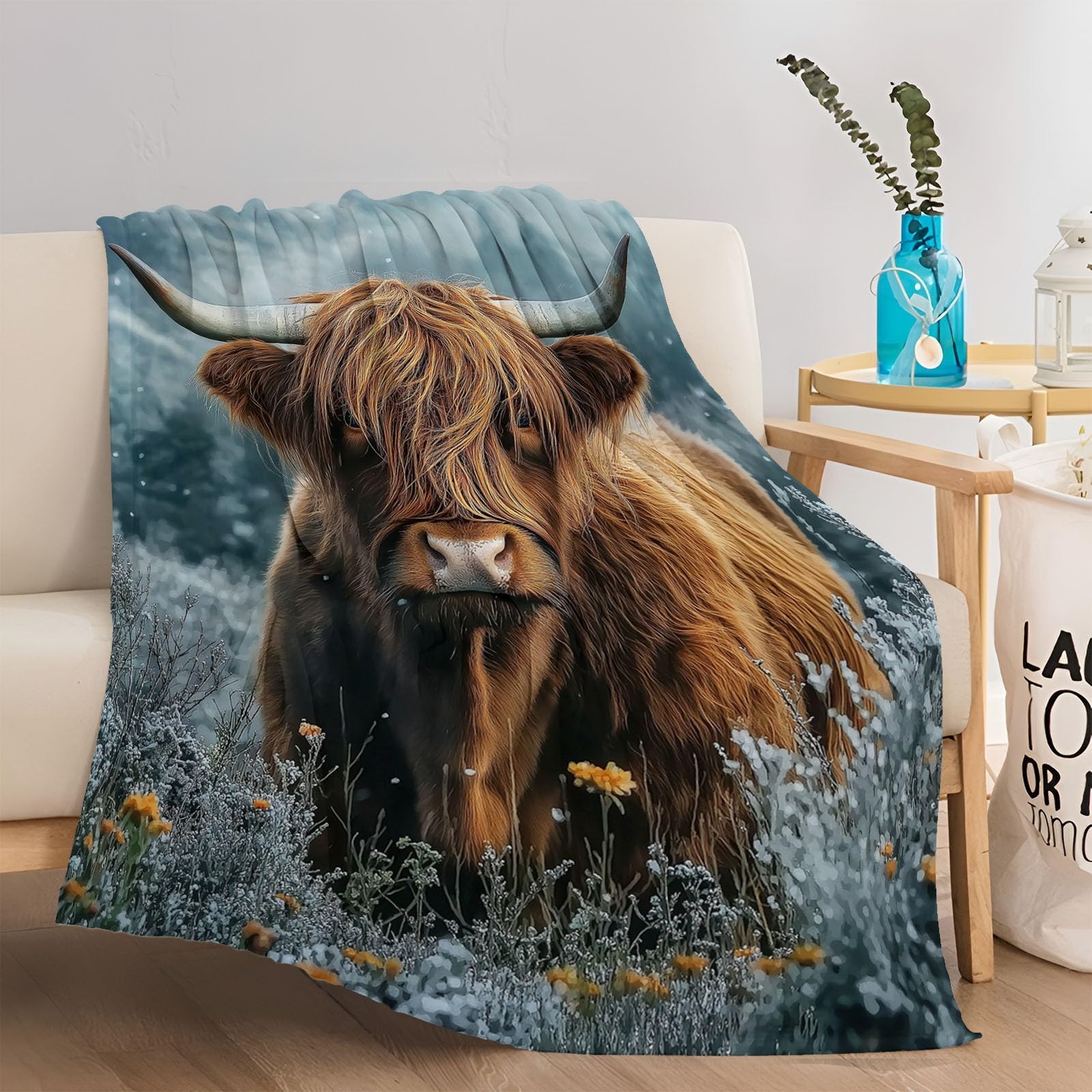 Manta Franela para Cama Manta para Sofá Suaves 100% Microfibra Grande Broncearse Flannel Blanket Animales Ganado de Las Tierras Altas Flores Manta Invierno Calentitas 220 x 240 cm
