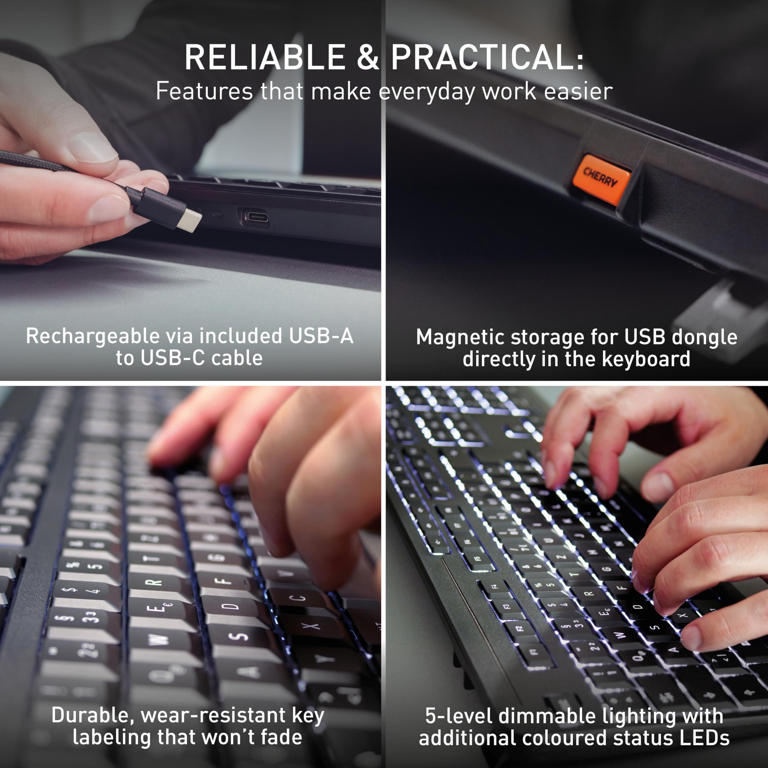 CHERRY STREAM KEYBOARD ULTIMATE, Bezprzewodowa Klawiatura Obsługująca do 4 Urządzeń, Układ US (QWERTY), Bluetooth, 2,4 GHz i Kabel, Podświetlana, Czarny