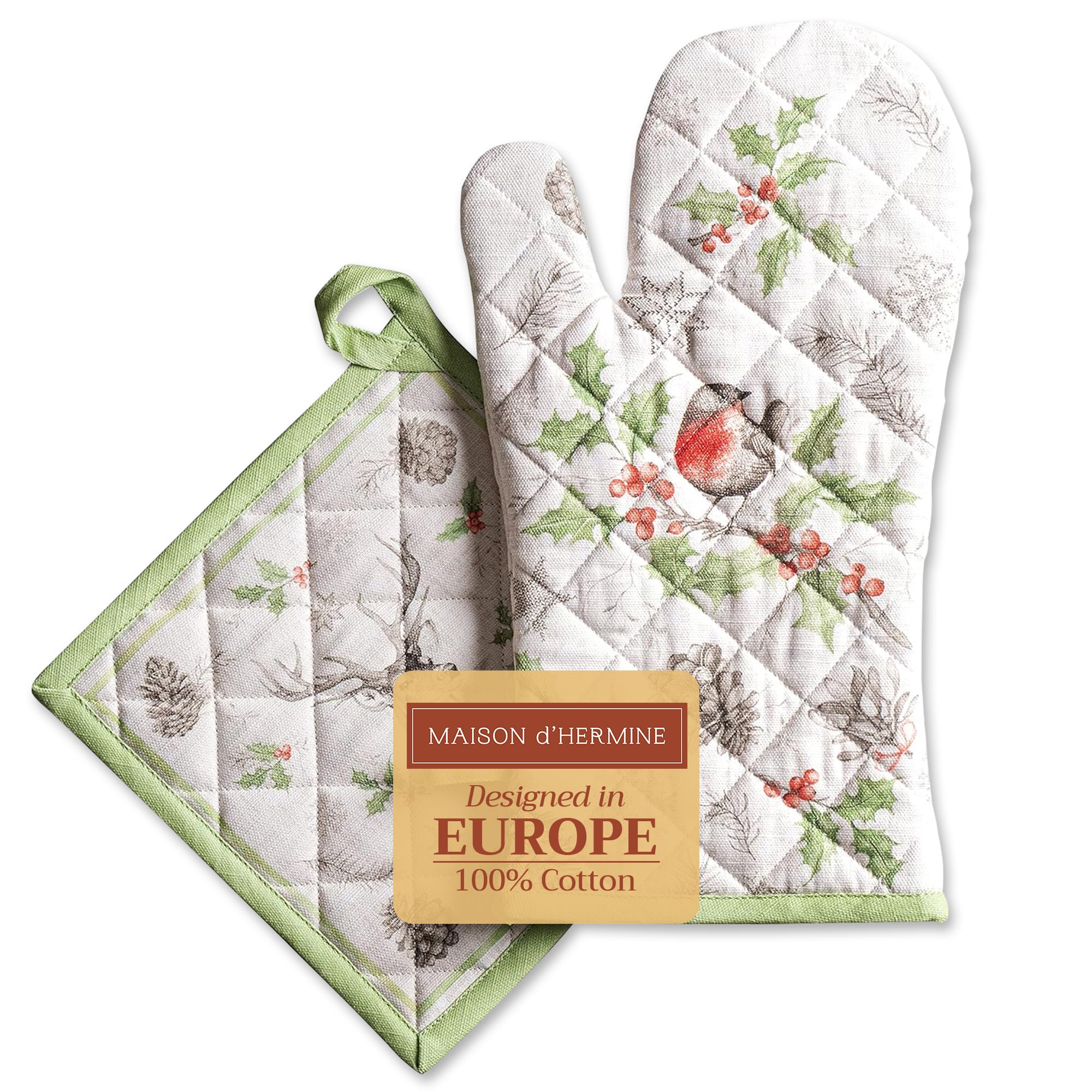 Maison d' Hermine Oven Glove (19 cm x 33 cm) & Pot Holder (20 cm x 20 cm) Set Made of 100% Cotton, Heat Resistant for Grilling, Cooking, Baking, Grilling, Christmas Dew - Thanksgiving / Christmas
