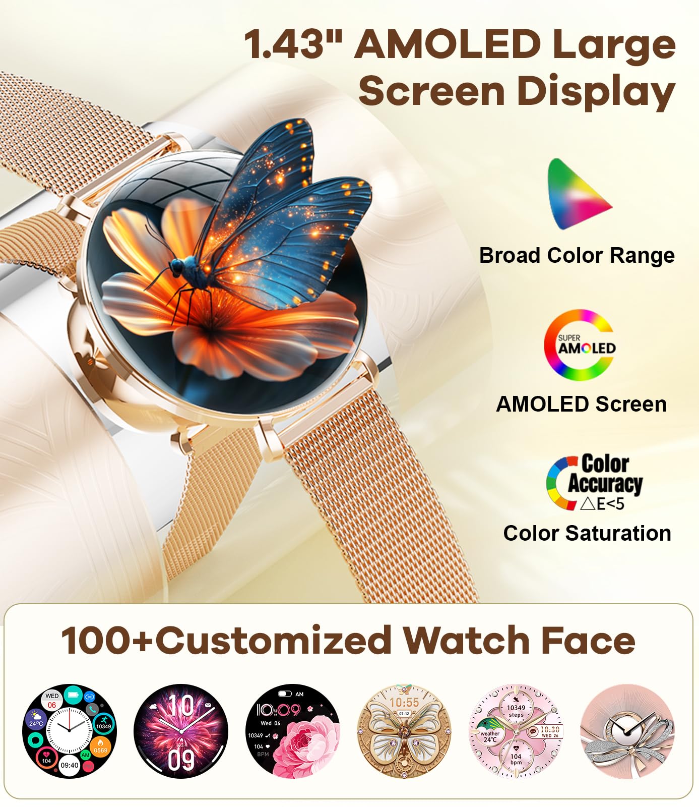 LIGE Smartwatch Donna Sottile con Chiamate, 1.43" AMOLED Orologio Fitness con Sonno/Frequenza Cardiaca, IP68 Impermeabile Smart Watch per Android iOS, 200+ Quadranti, 100+ Sport, Oro Rosa