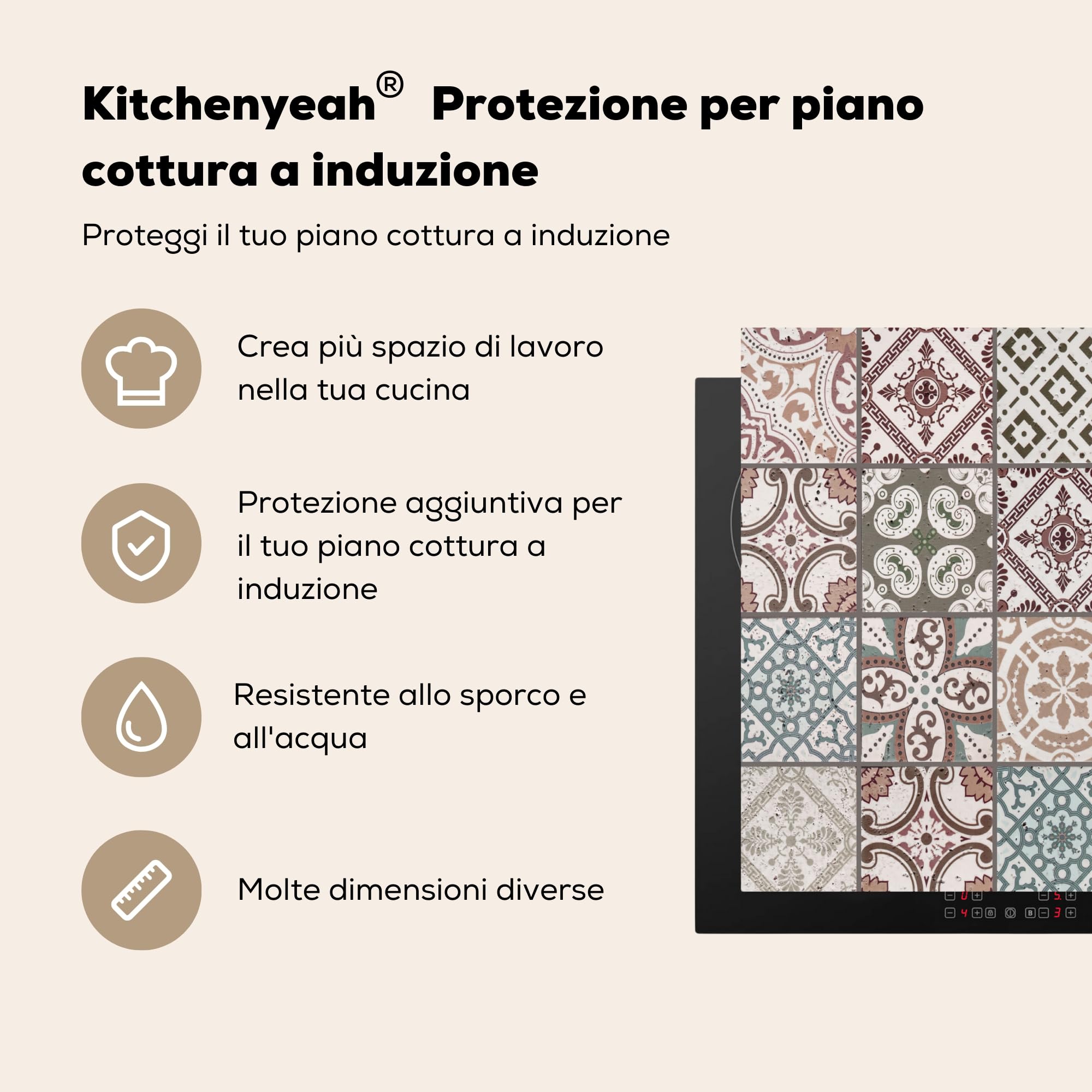 KitchenYeah© Copri Piano Induzione 59x52 cm Cucina Coprifornelli Copertura Protezione Cottura Tutto per la Cucina Mosaico - Marrone - Motivo