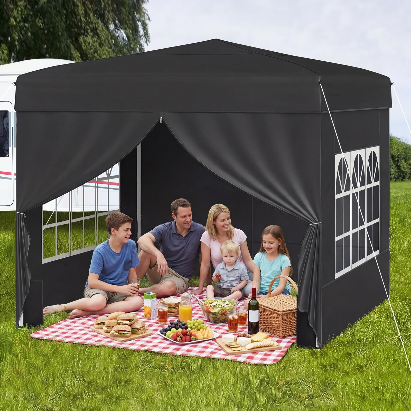 COSTWAY Tonnelle Pliante 3x3 Imperméable, Tonnelle de Jardin Exterieur avec 4 Parois Amovibles, Sac à roulettes&Fenêtres Transparentes, Barnum Réglable en Hauteur pour Camping, Fêtes, Stand (Noir)