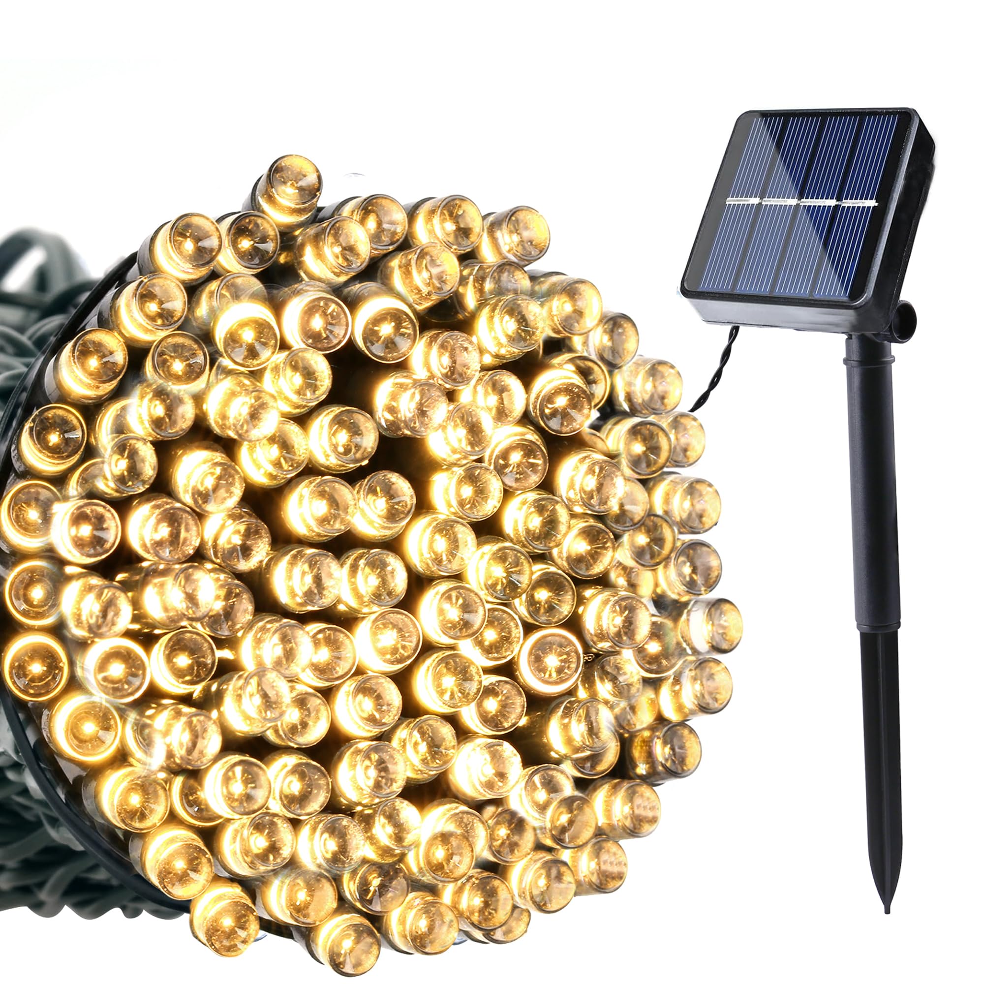 iBaycon Guirlanda Solar para Exteriores,12 m 100 Led Resistente a La Intemperie, 8 Modos Impermeable Ideal para Jardín Terraza Árboles Patio, Fiestas y Decoración Exterior (Blanco Cálido)