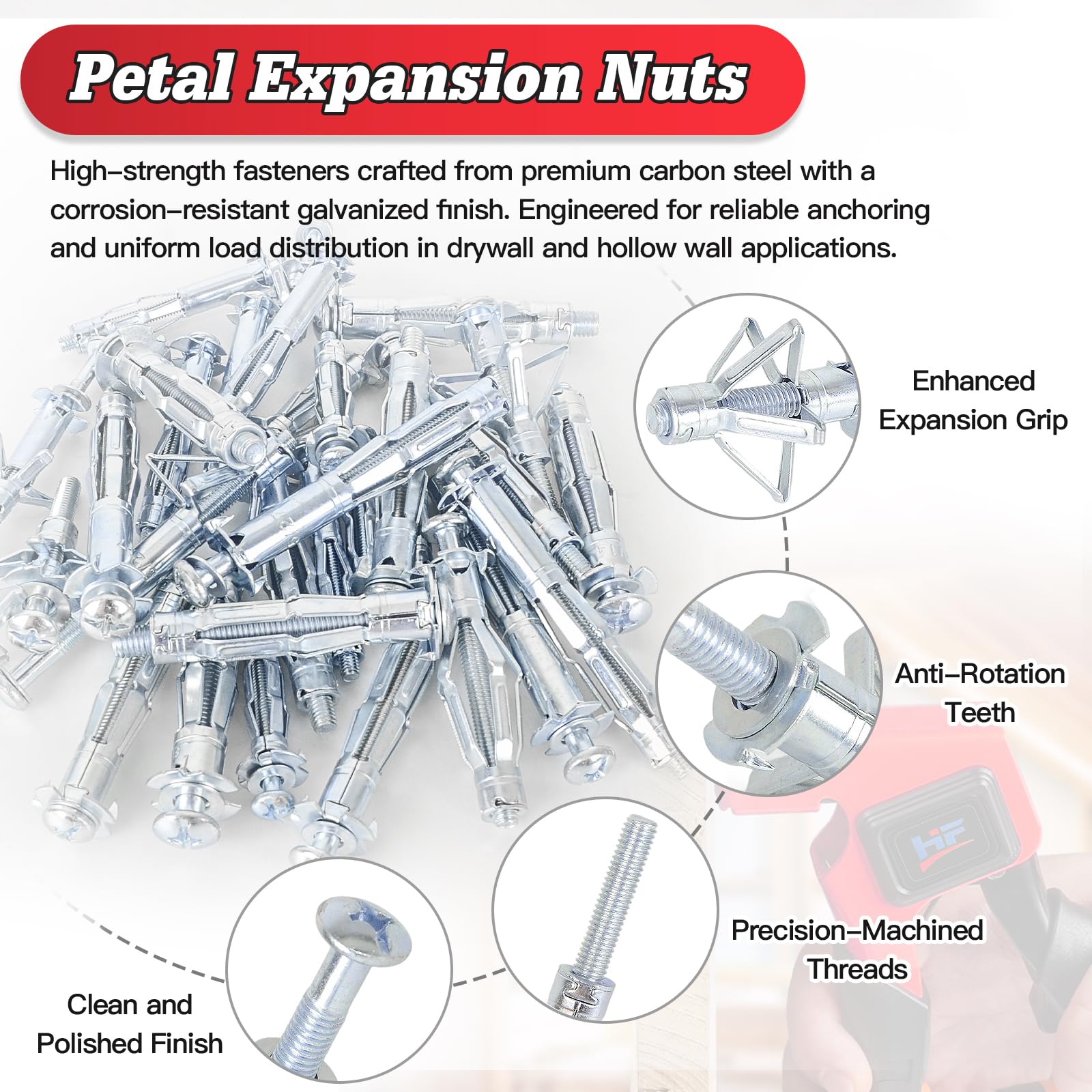 Kit de Anclajes de Pared Hueca, Herramienta de Ajuste de Metal Resistente con 30 Unidades en 5 Tamaños (M4/M5/M6) y Guantes de Trabajo, Ideal para Pladur, Paredes Huecas y Madera Contrachapada