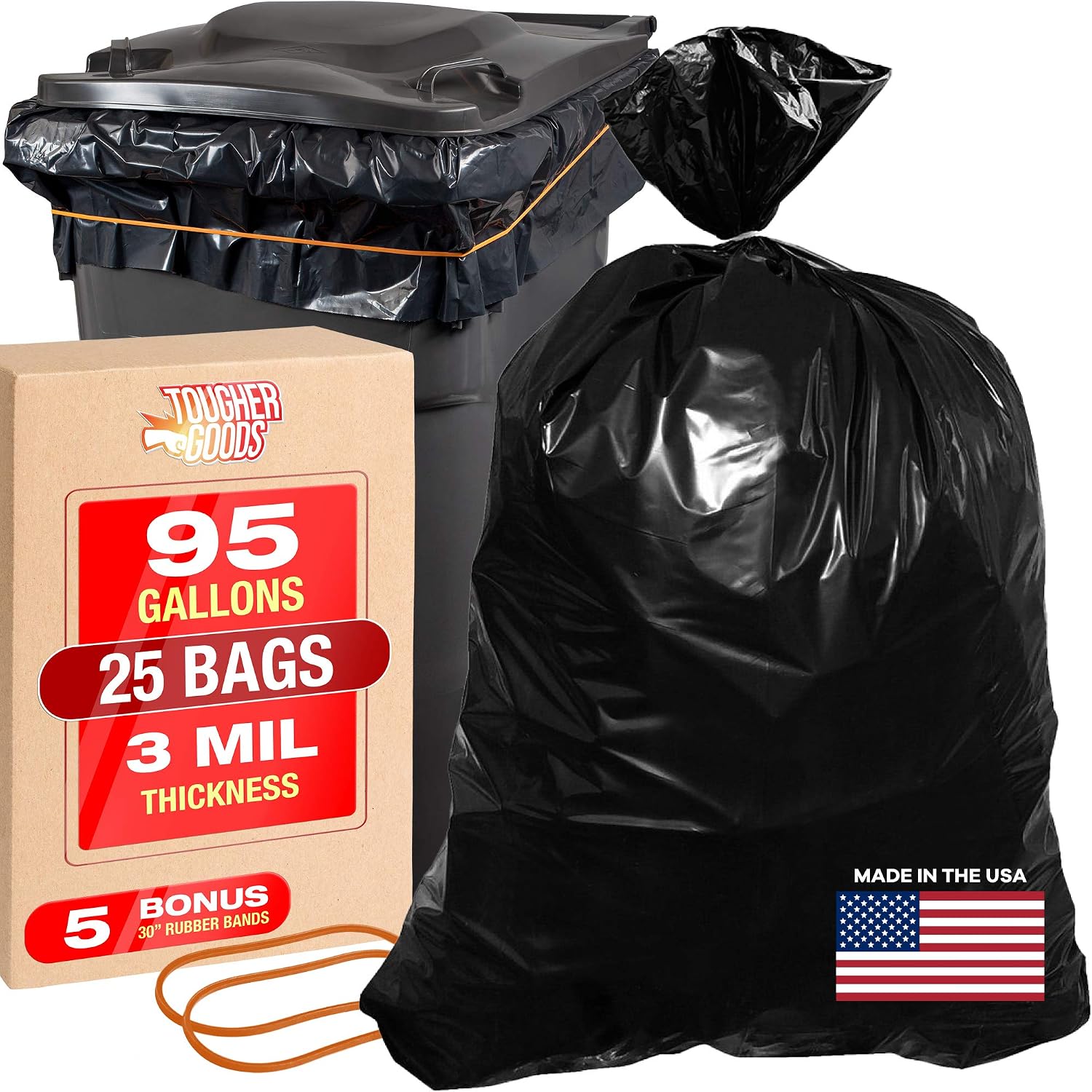 3 Mil Contractor Bags - 95 Gallon Heavy Duty Black Garbage Can Liner for Trash, Storage, Yard Waste, 61 x 68 Commercial Use Industrial Grade Construction Bags w 30” Rubber Bands by Tougher Goods (25)