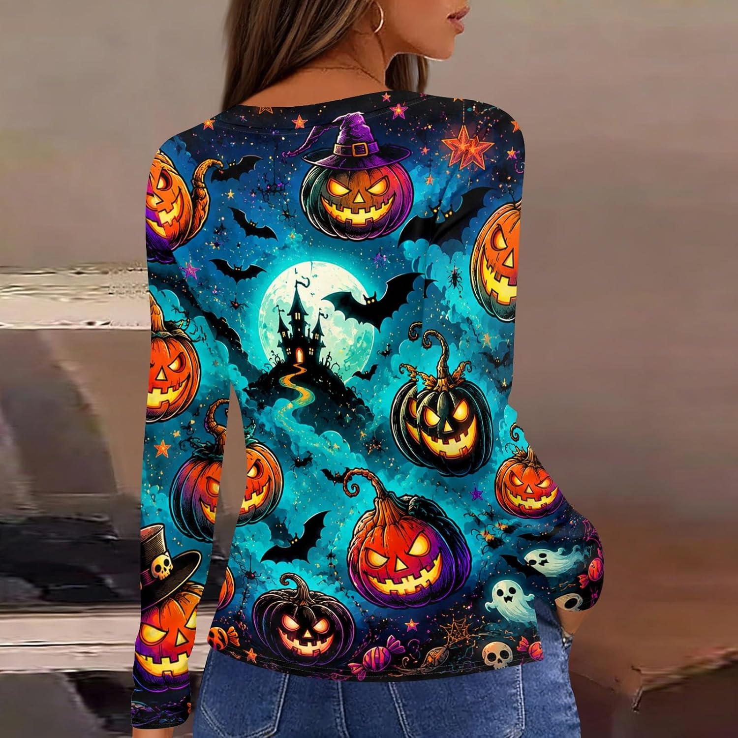 Women Halloween Fall Long Sleeve Crewneck Pumpkin Graphic Shirt | Ladies Petite Tops, T-Shirts for Women, Women Long Sleeve Blouses, Women's Clothes Tops, Camisetas Mujer