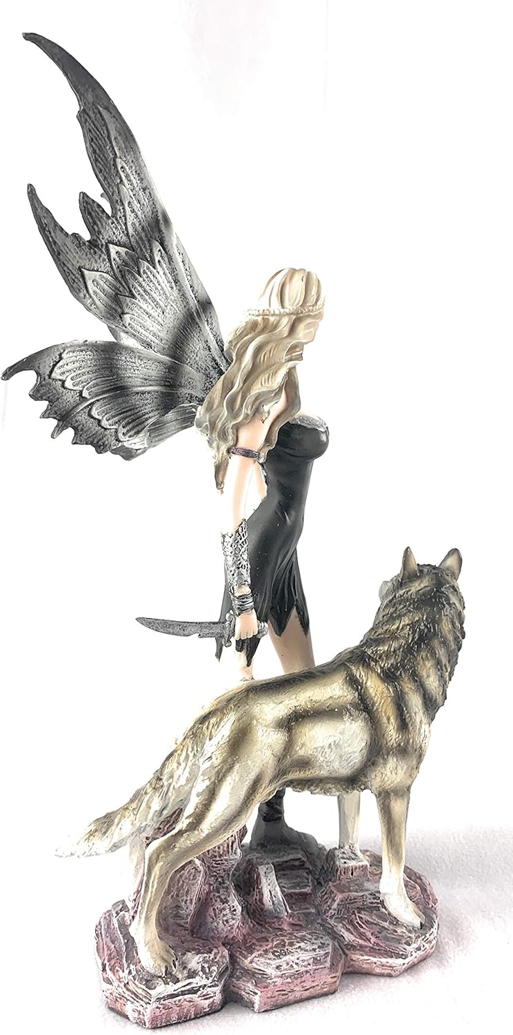 Warrior Fairy and Snow Wolf Fantasy Collectible Statue Figurine, 11X8 inches