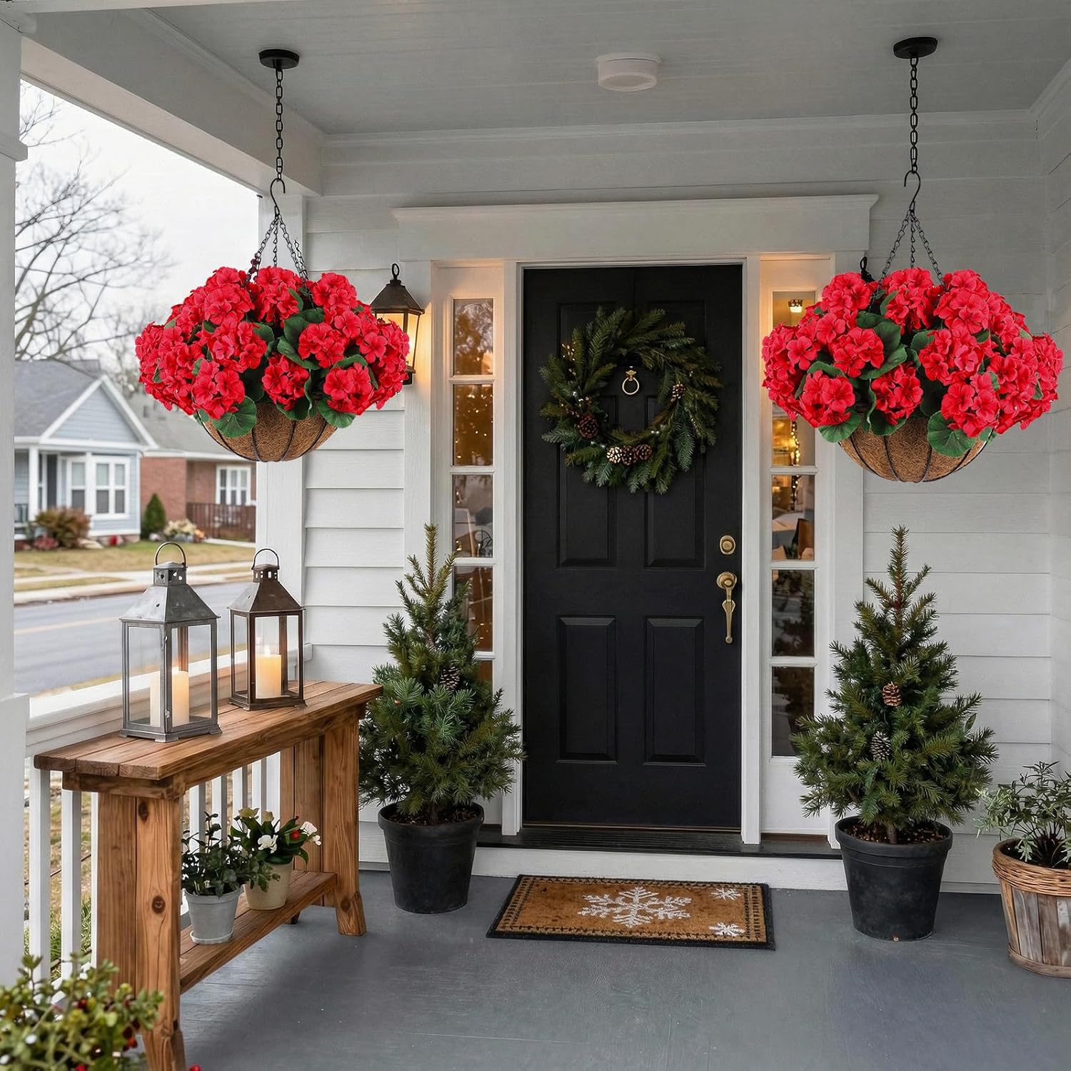 Hananona 2 Set Artificial Red Geraniums Flowers for Outdoors with Hanging Baskets, 2 Hanging Planters with 12 Pcs Red Geranium Flowers for Christmas Front Porch Garden Patio Home Decor (2, Red) - Image 7