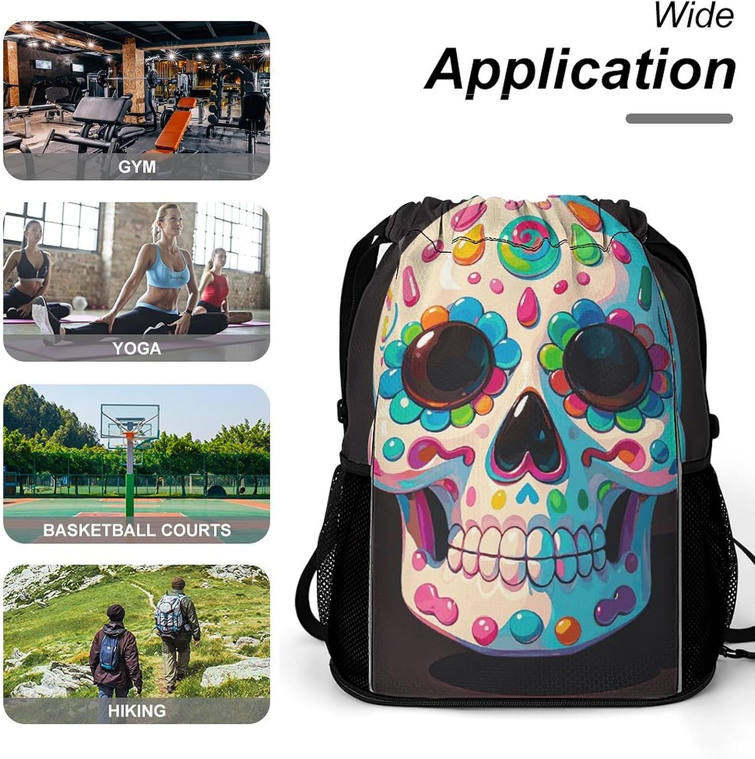 Drawstring Backpack Sports Gym Swim Bag with Shoes Compartment Candy Skull Stuff Sack