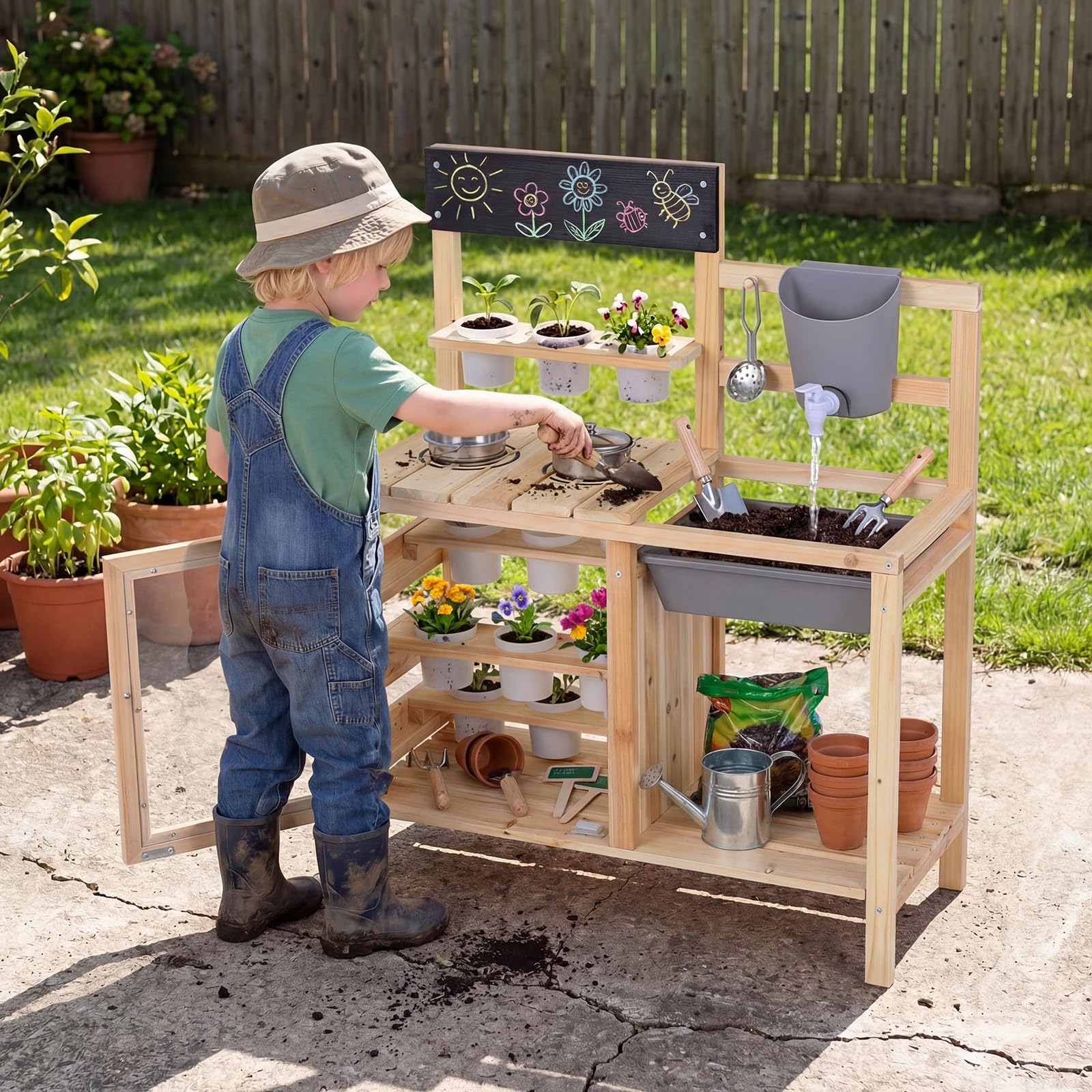 COSTWAY Cucina per Bambini in Legno, Cucina di Fango da Esterno con Serbatoio, Lavello, 12 Vasi di Fiori Rimovibili, Lavagna, Ripiano Inferiore e Accessori per Cucinare per Bambini 3+ Anni