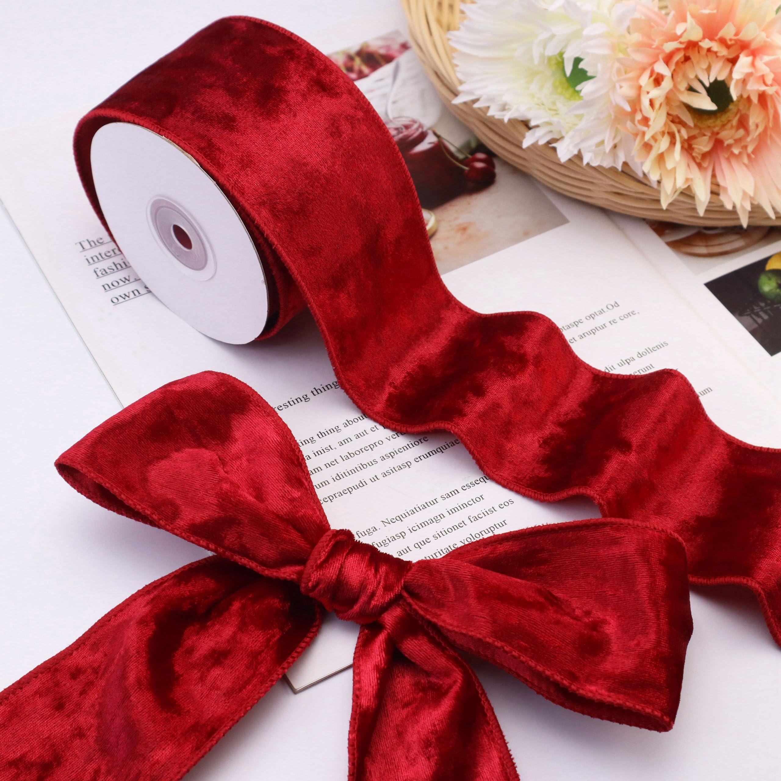 Red Velvet Ribbon Velvet Wired Ribbon 2.5Inch Wide Fabric Ribbon