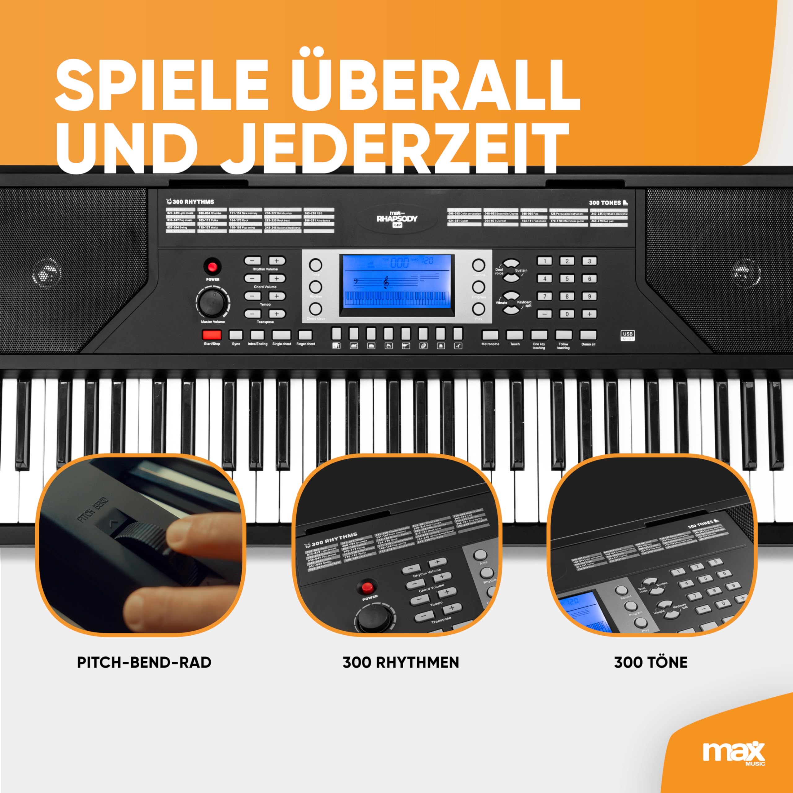 MAX Rhapsody61P - MIDI Keyboard Piano mit 61 Tasten und Pitch-Wheel, Keyboard mit Ständer, Kopfhörer & Sustain Paddle, Anschlagdynamik, LCD Display, Lern-Funktion, 8h Akku, 40 Demosongs, 300 Sounds