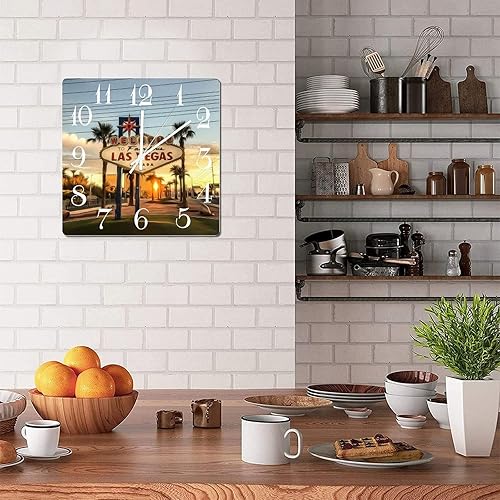 Miniatura 5 de Reloj de pared American Nevada State Las Vegas City Skyline Scenery City View City View Reloj cuadrado de madera sin tictac, funciona con pilas,