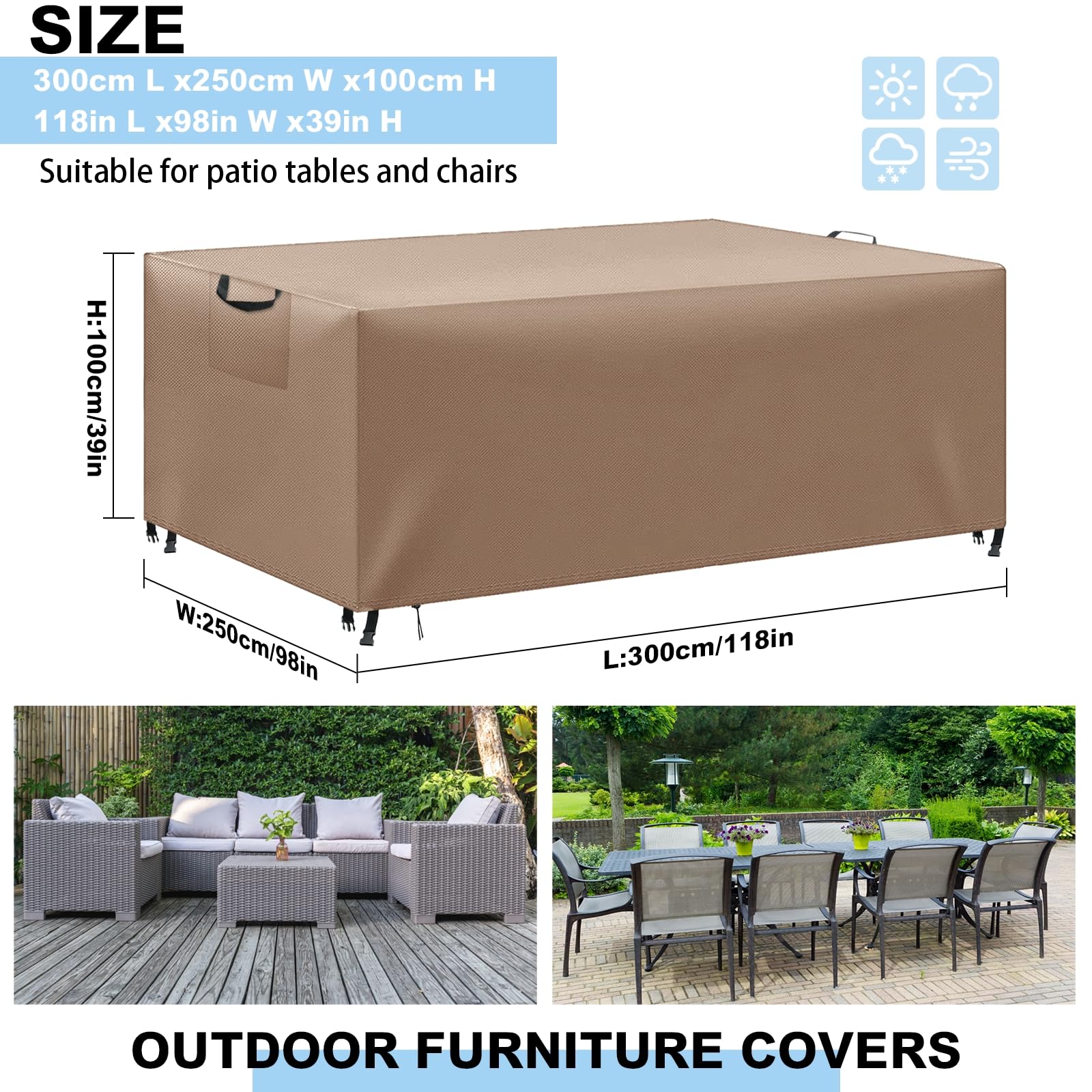 WUAYAMI Copertura Tavolo Esterno Impermeabile,Panno 420D Oxford Impermeabile Copertura,Tavoli e Sedie da Cortile Raggi UV, Quadrato Resistente Allo Strappo Copertura Tavolo (Kaki, 300x250x100cm)