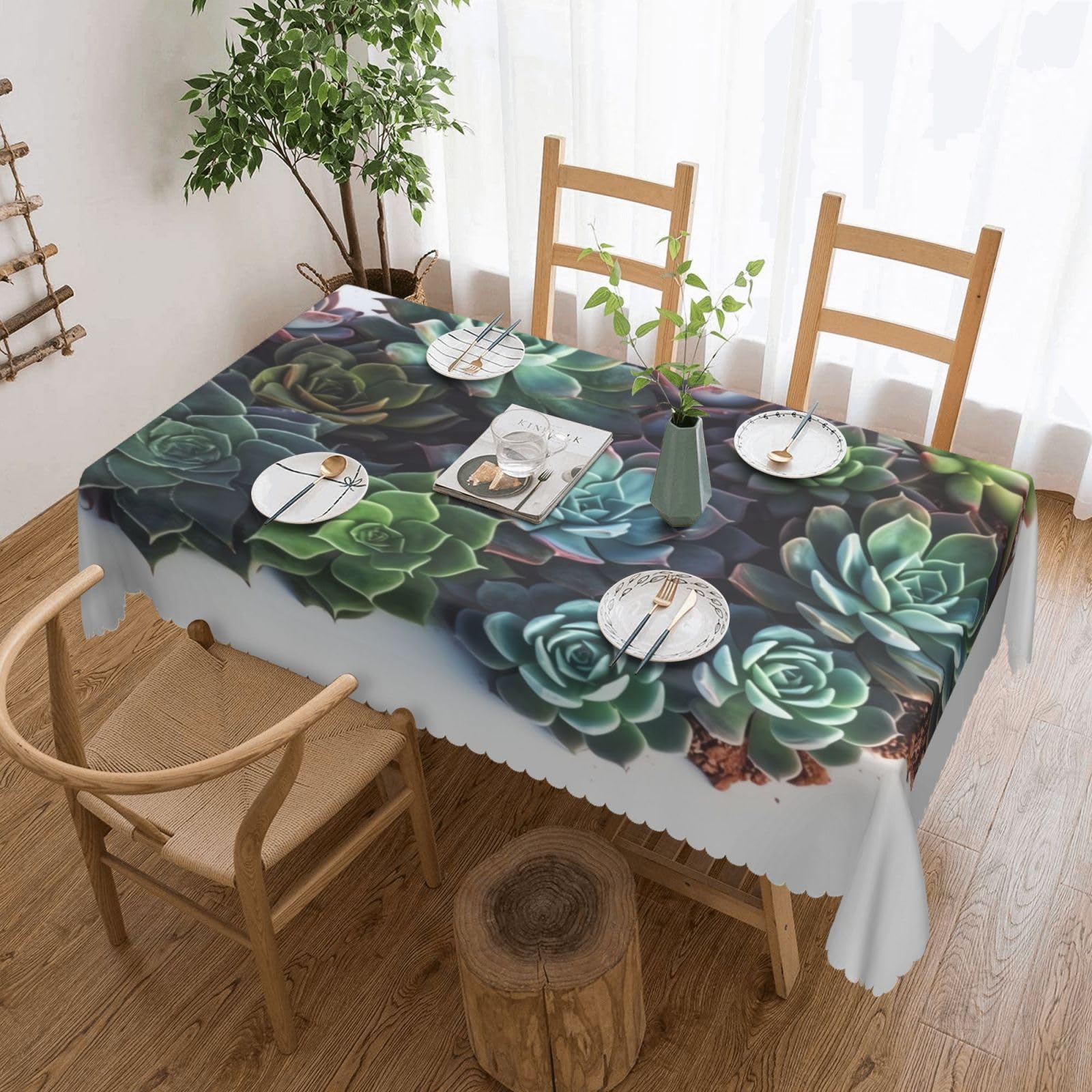 Nappe rectangulaire imperméable et anti-tache motif succulentes lavable 137x183cm