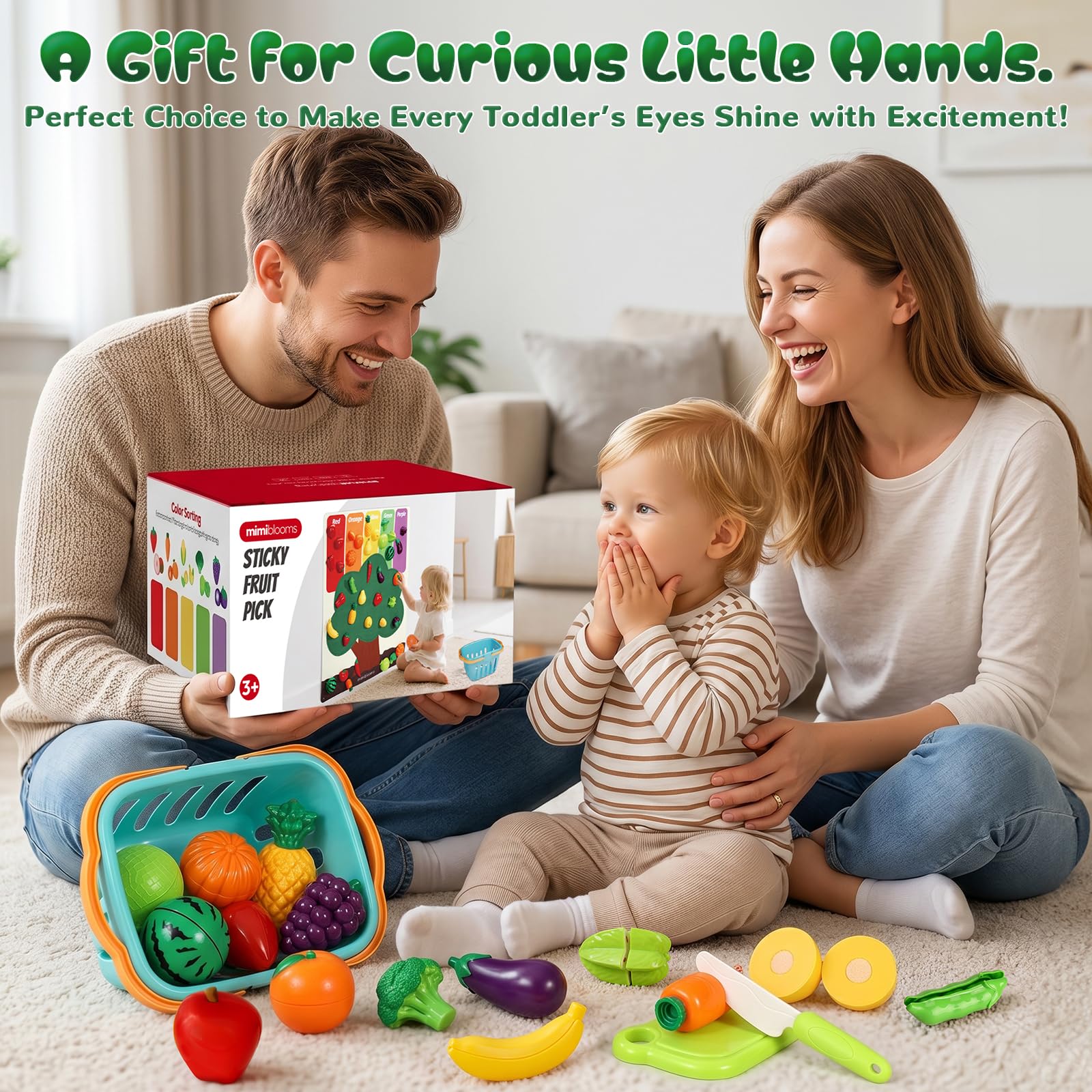 SOCBTNSO Essens-Set mit Filz-Baummatte und Aufbewahrungskorb: Küchenzubehör, Spielzeug, Obst und Gemüse, sensorisches Spielzeug, Montessori-Farbsortierung, Geschenk für 3, 4, 5, 6 Jahre, Kleinkinder