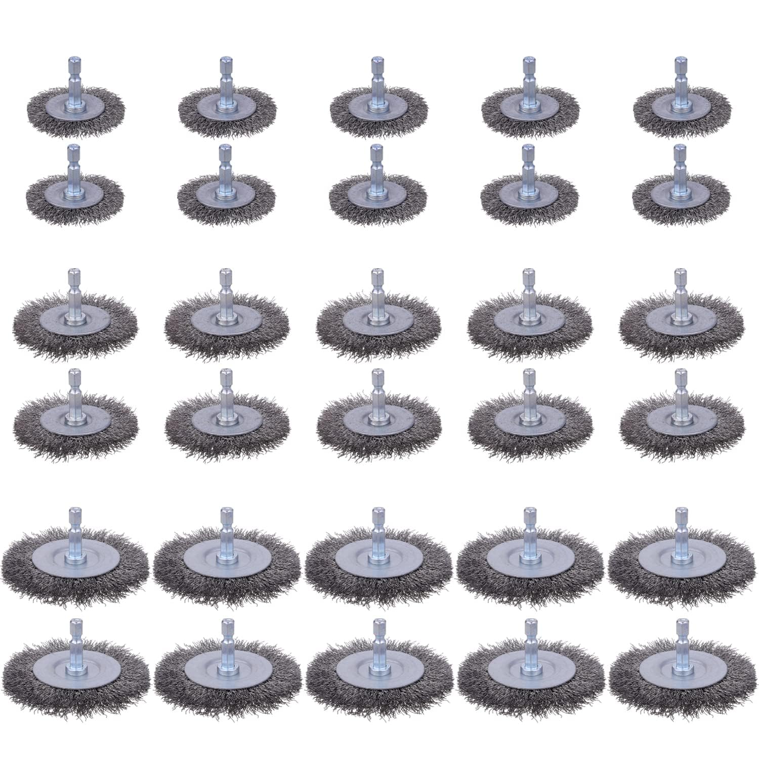 Rocaris Paquete de 30 cepillos de rueda de alambre de acero al carbono con vástago hexagonal de 1/4 pulgadas, para eliminación de óxido, corrosión y superficies de fregado, 3 tamaños
