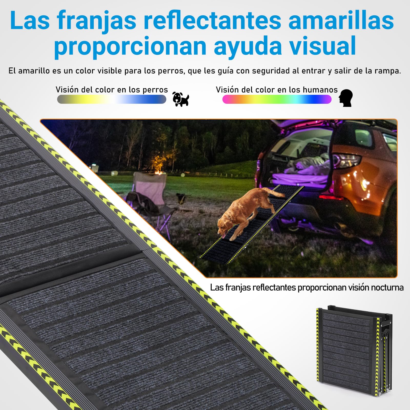 Rampa para Perros Coche Plegable con Bandas Reflectantes, 160 x 44 cm, Soporta hasta 70 kg, Ligera y Antideslizante, Apto para Coche, SUV