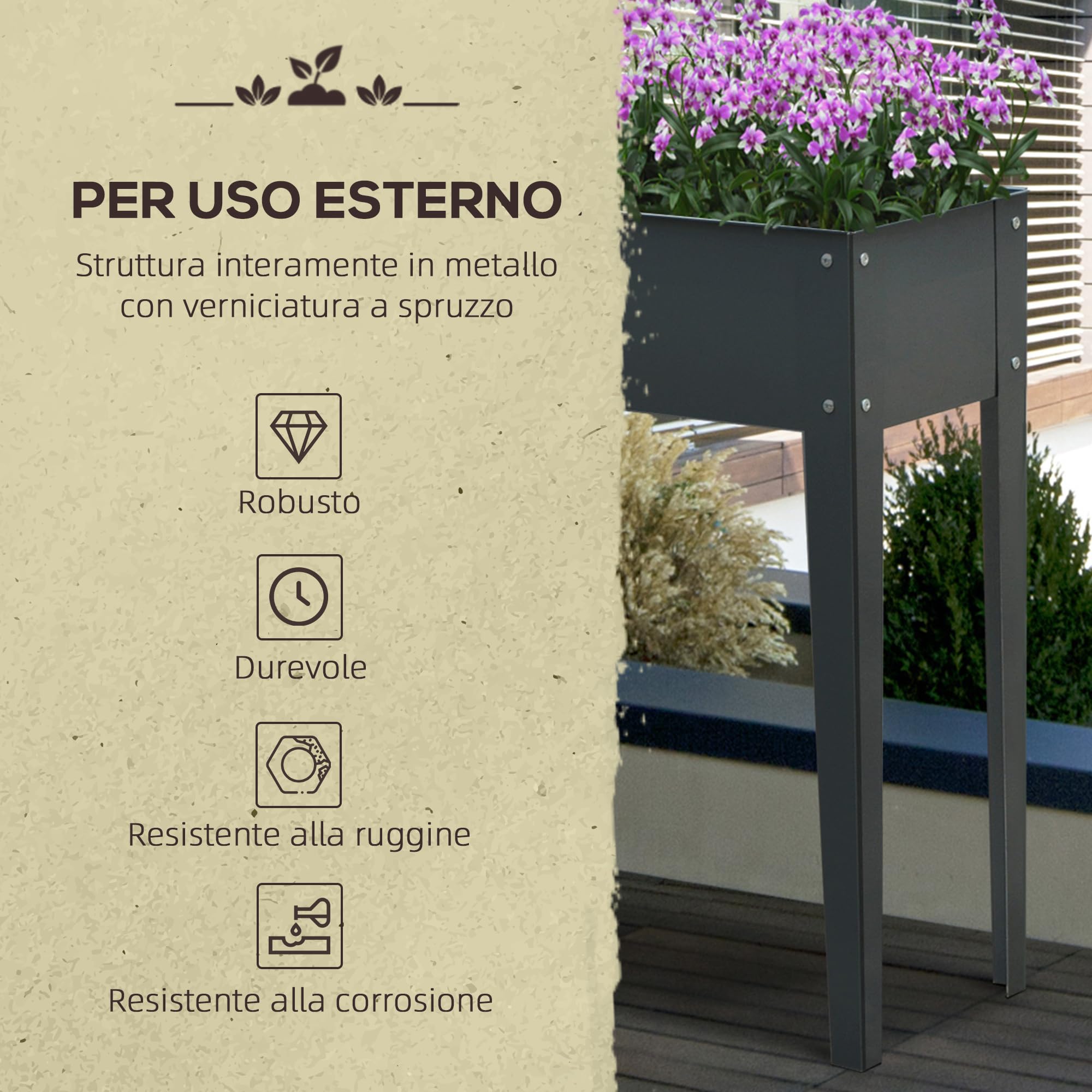KOL Fioriera Rettangolare In Acciaio Zincato Verniciato Nero - 91,4 X 28 X 81,3 Cm Con Fori Di Drenaggio, Per Esterno E Interno