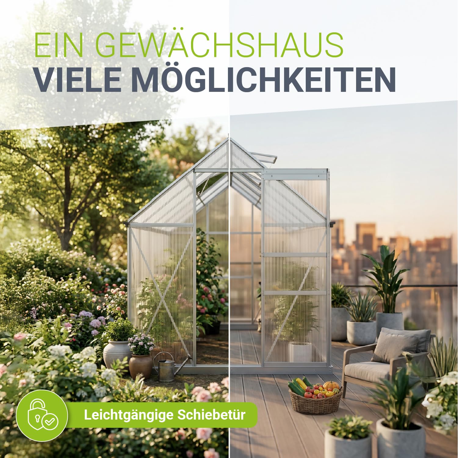 JUSKYS® Gewächshaus 7,2 m² - Aluminiumgestell & Stahlfundament, UV-beständig, abschließbare Schiebetür, belüftbare Dachfenster 61x57 cm