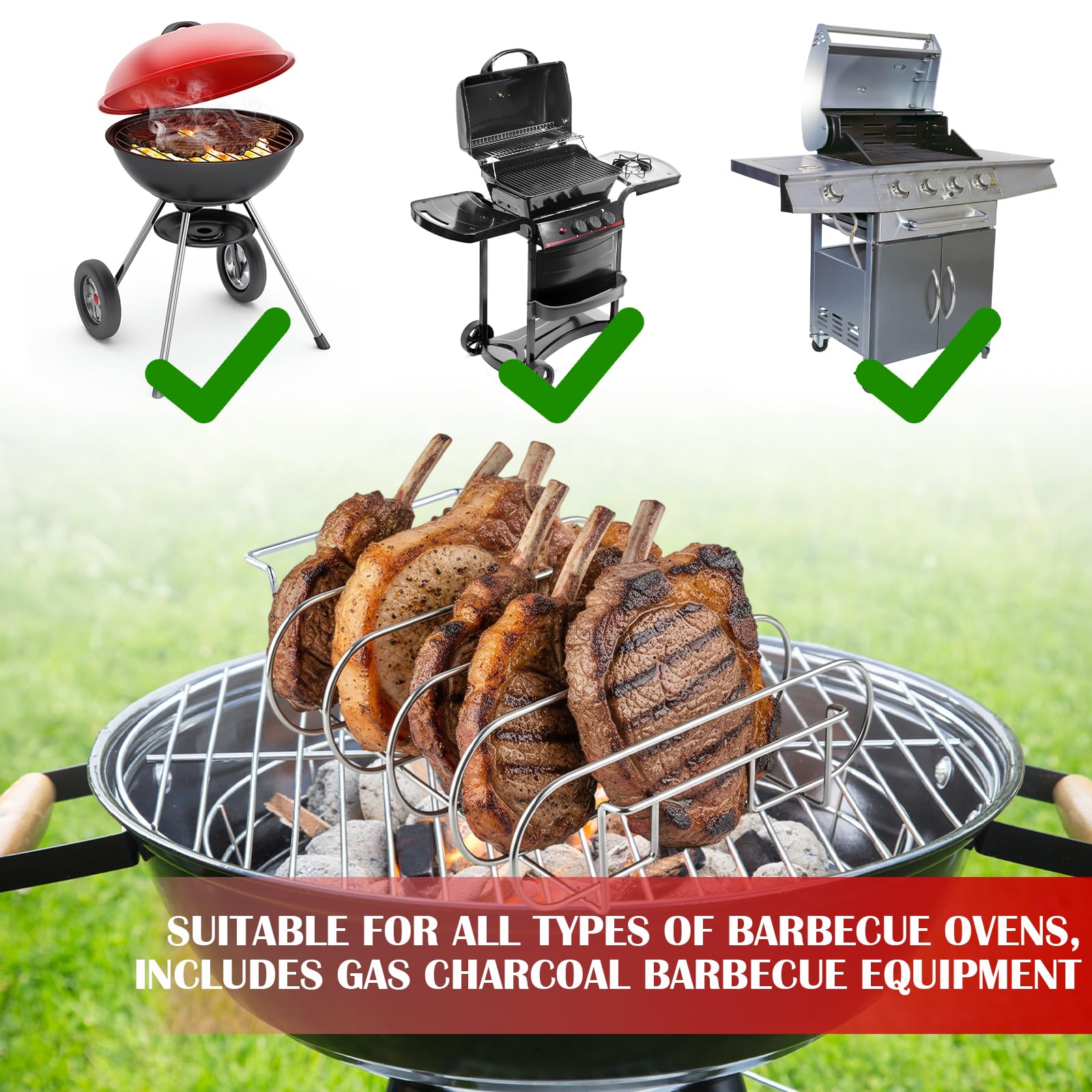 Supporto Bistecche e Costine in Acciaio Inox, Cestello per BBQ Rib Rack, Supporto per Arrosto Bistecca, Spareribs Halter Grill, Telaio Griglia Barbecue 2 in 1 con 2 Penne