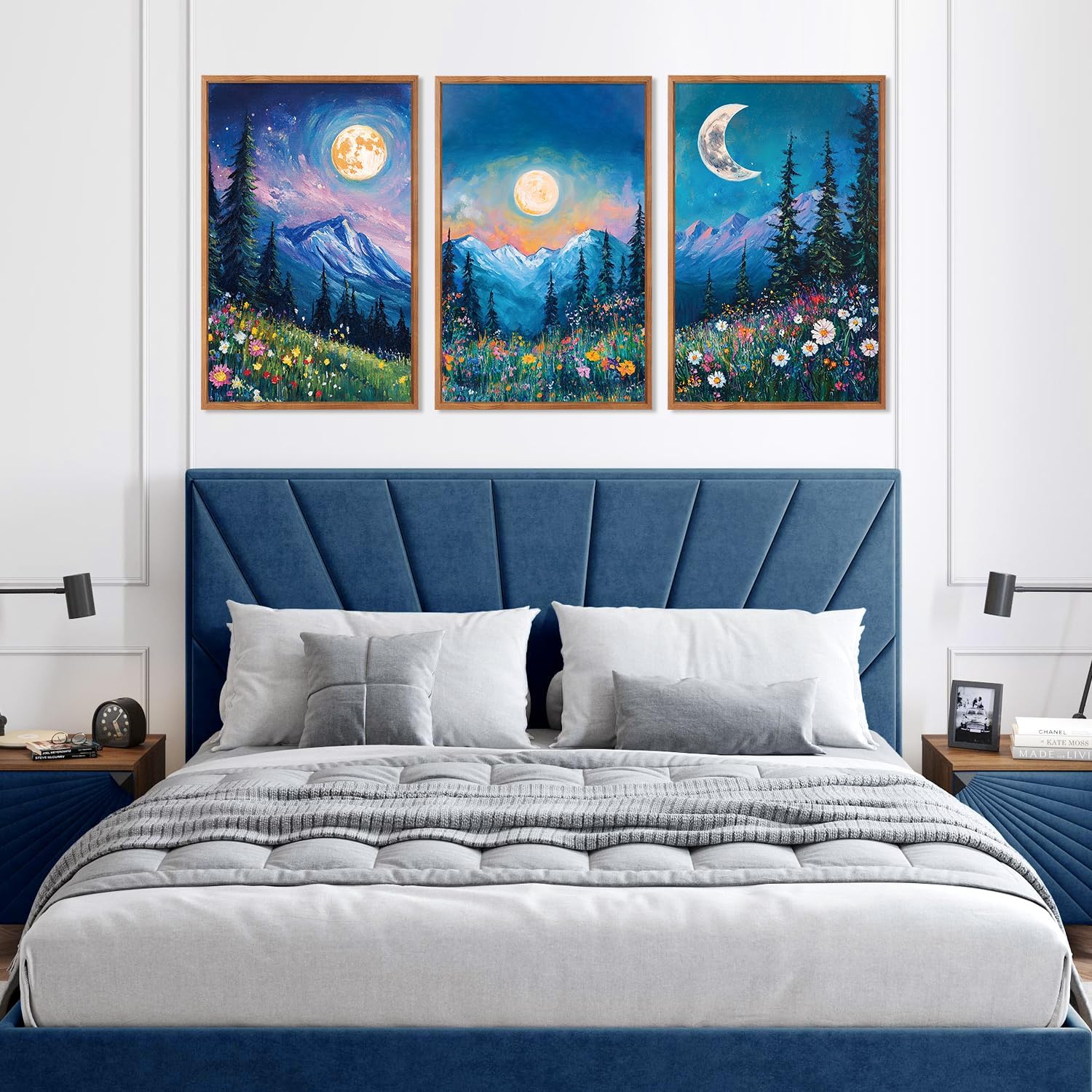 CHDITB Mountain Sun Forest Framed Art Prints(Set of 3, 24”x36”), Boho Watercolor Nature Landscape Canvas Artwork Painting, Abstract Foggy National Park Scenery Poster Decor for Living Room Bedroom