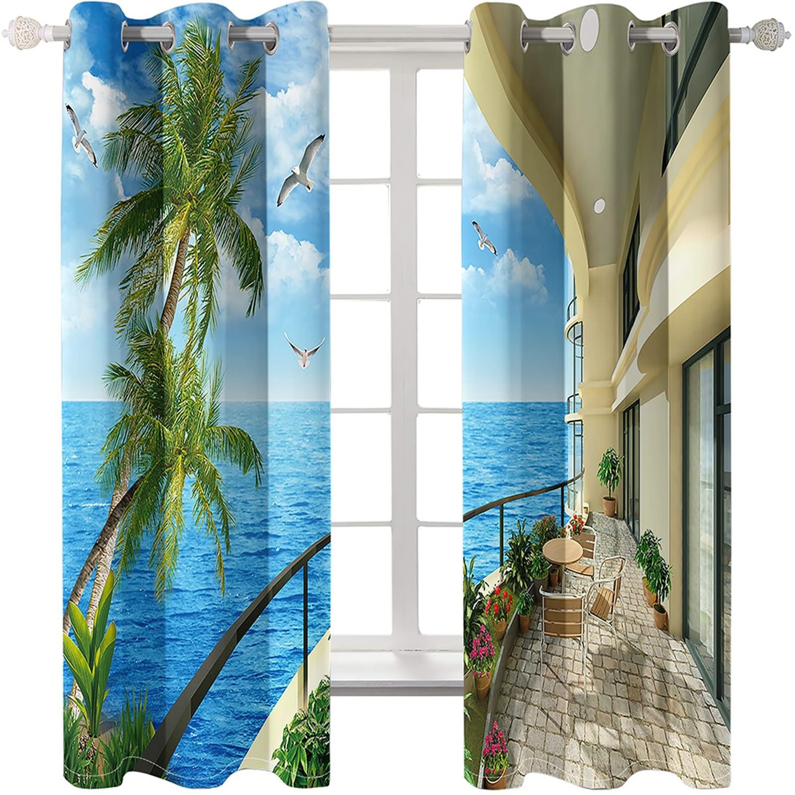 Gualiy Abdunkelnde Vorhänge, Vorhänge 214x244 Palmen und Vögel Meer Villa Landschaft Ösenvorhang Blickdicht 2er Set
